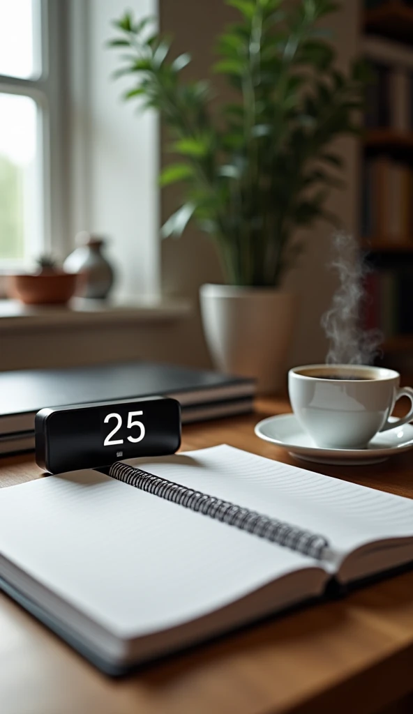 A clock showing a 25-minute timer, a notebook, and a cup of coffee on a desk.
