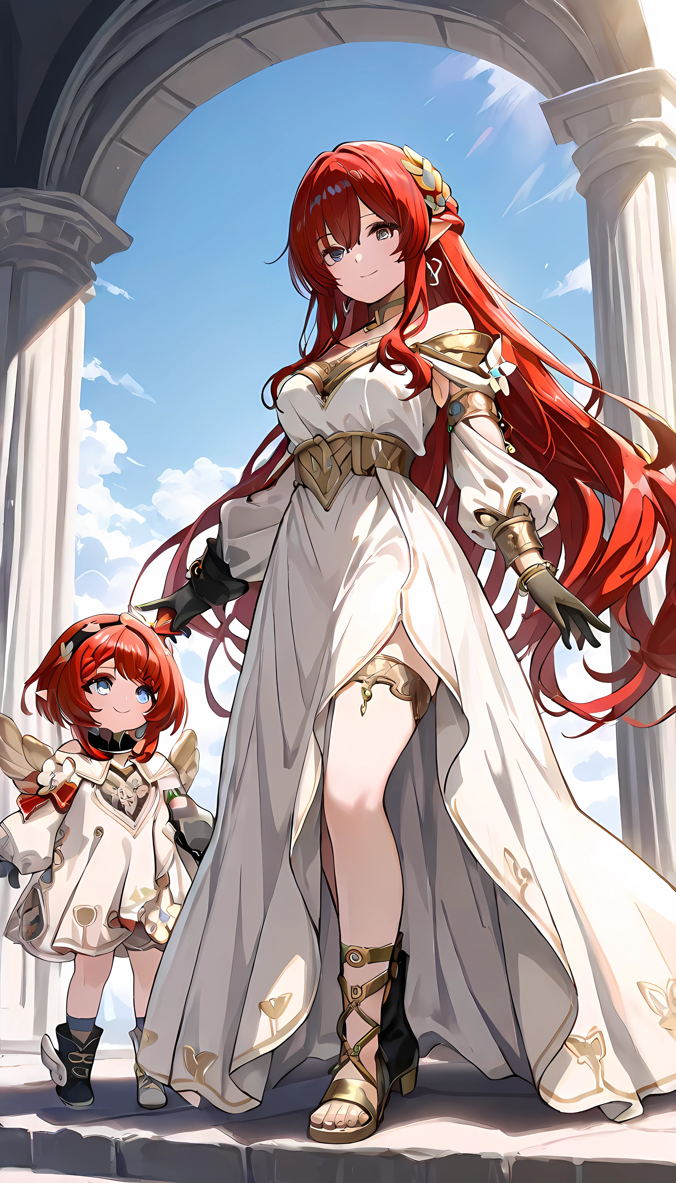 (masterpiece,best quality), 2girls, BLUE SKY ADDCOMM 1 GIRL, tribbie , Wings, detachable collar, Puffed long sleeves, black gloves, black and white boots , smile BREAK 1girl, tribios , gold choker, off shoulder, bracelet, long dress, Gold Sandals, smile, Closed Mouth,long red hair