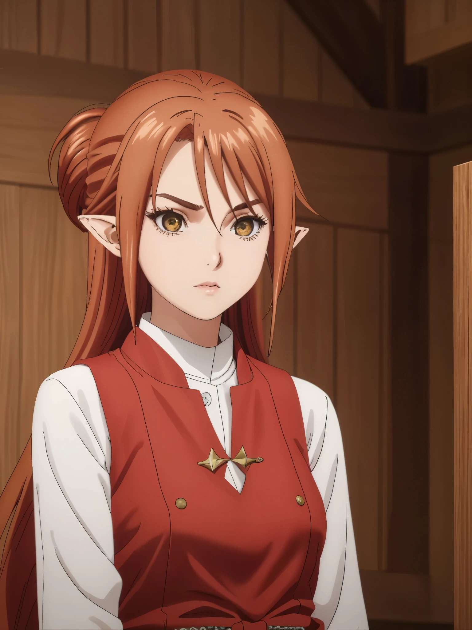 Mawar Kusa Dala is a -yeld fee with a height of 168 cm, embodying a unique mix of English, Indonesian, and Japanese heritage. Her phenotype combines Anglo-Saxon, Deutro Malayid, and Choshiu traits (source: humanphenotypes.net), highlighted by her distinctive elf-like ears. Her olive-toned skin (Fitzpatrick Type 3) complements her vibrant red hair and amber eyes, which feature double eyelids, an upturned shape, and proportional sizing. Her face showcases a harmonious blend of her mixed heritage, with a concave nasal bridge, pointed tip, and medium-width nose. Her medium-sized, arched eyebrows and medium-sized, Cupid’s bow lips with a slight downturn enhance her unique appearance. Mawar’s expression reflects her personality, which is a mix of confidence and subtle shyness. Her hairstyle is inspired by Kawasegawa Eiko, styled in a refined yet traditional manner. She wears a simple yet graceful red Indonesian traditional outfit, perfectly suited for the medieval era. The background features traditional wooden walls from the medieval period, bathed in soft, natural morning light. The focus is on her upper body, from head to waist, with her amber eyes gazing directly at the viewer. The mood captures her cultural authenticity and personality, blending seriousness with a hint of warmth. The scene avoids any modern or anachronistic elements, ensuring a pure medieval atmosphere.