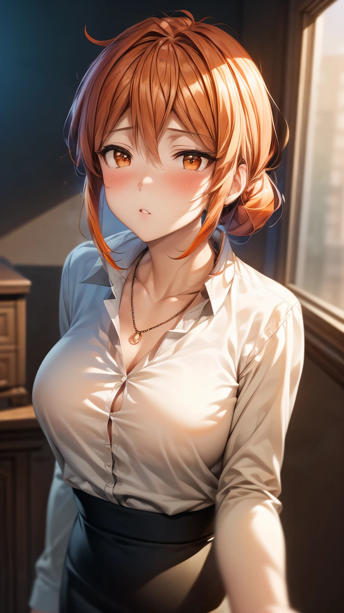（Ultra High Quality,ultra high definition,16k,Super Masterpiece,Ultra HD ,detailed shading and background,） upper body shot from below,Sexy Wife,Orange hair put together, white long sleeve shirt,Chest Valley,necklaces,Pencil Skirt,Open your lips a little,blush,living,Leaning forward greatly,