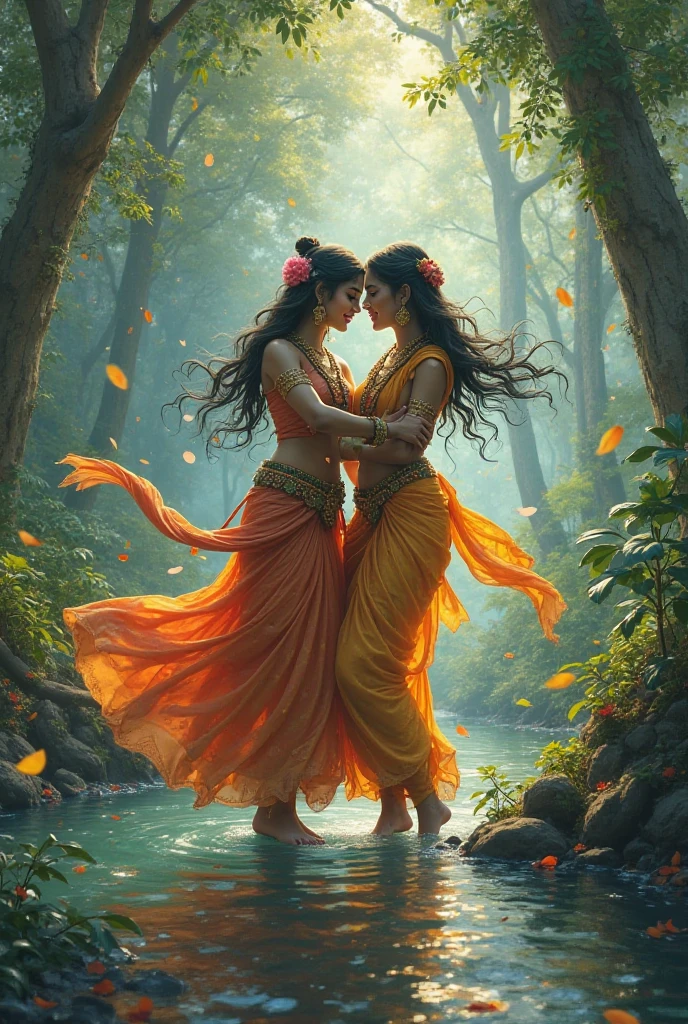 Two indian queens dressed in gupta era clothes, one hindu dressed in red and the other Muslim dressed in green , are swimming in a lake, they are fighting and are trying to drown eachother in the lake, both hate eachother and wish each other was dead