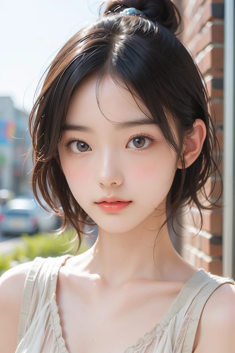 One Girl，Very cute girl ，Big eyes:0.5，The face is facing straight ahead，Body facing forward，Beautiful nose，Fuller lips，Short black hair，ponytail，Detailed eyelashes，Thin eyebrows，Symmetrical eyes，Face close-up，White swimsuit，Portrait，View Viewer, half smile:0.5,