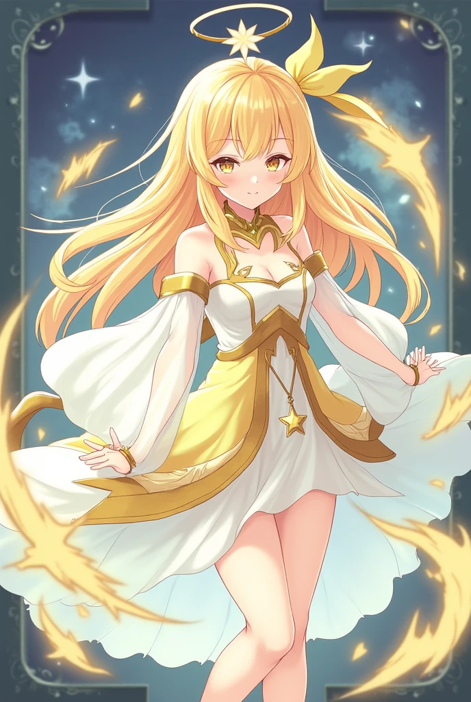 girl, Flowing golden blonde hair, Yellow Eyes, Golden Imperial Costume, Neckline, anime, In the background is a clear sky with sparkling lights, Dynamic Angle, Arrogant Laugh