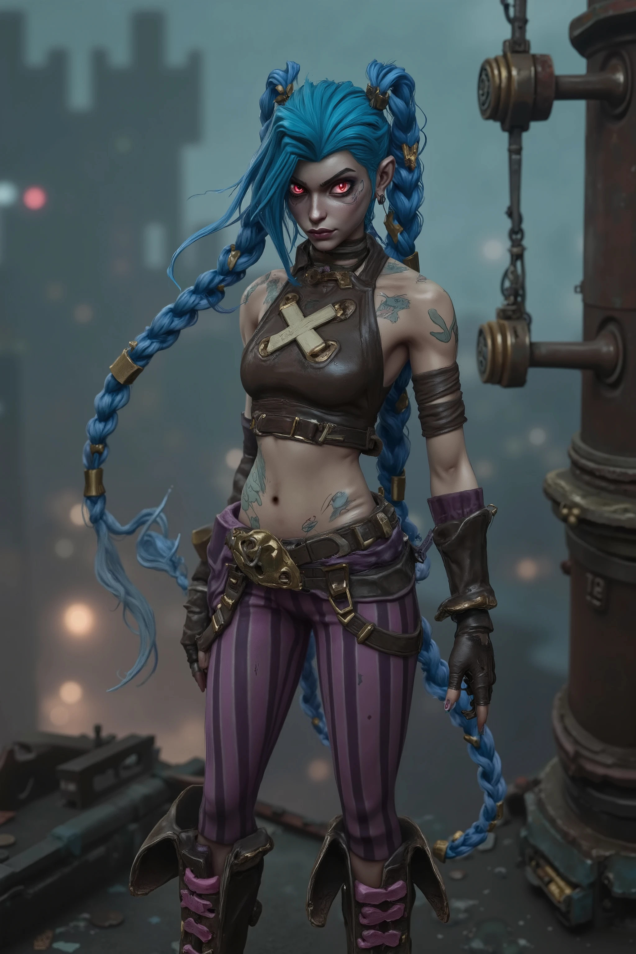 creates a photorealistic image of Jinx, capturing her standing atop a rusted metal building in Zaun, a city known for its industrial decay. A brass and copper device with gears, her bright blue braids and large fringe flowing in the wind. The dark, foggy night and distant city lights emphasize the moody, melancholic atmosphere, while her determined gaze and glowing red eyes add intensity.
Character Details
Jinx is depicted with pale skin, dark circles under her eyes, and tear burns, giving her a haunted look. Her hair, bright blue with long braids to her ankles and a sharp side bang, is decorated with bullet casings. She wears a dark brown leather crop top with an off-white X design, low-waisted purple-pink striped pants, and combat boots with magenta laces, complete with arm warmers and a studded belt, reflecting her chaotic Zaunite style.