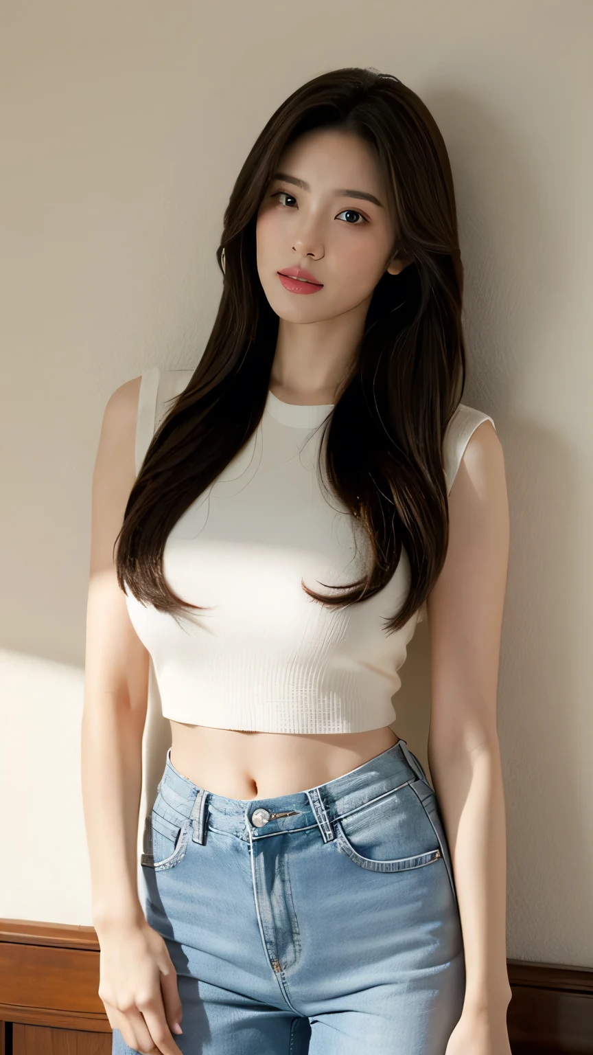 the camera angle view is a medium shot from a slightly low angle, with the light source coming from the left side of the image, casting shadows on the right side and creating highlights on the left, showing a young female wearing a white sleeveless knit shirt , blue short jeans, standing with a relaxed posture, left arm hanging down and right arm slightly bent, with the face turned slightly to the left and the body facing forward, with the foreground consisting of the subject and the lower part of the wall, and the background featuring a wall covered with various newspaper clippings, under natural lighting creating a warm tone and distinct shadows. Facing viewer, A sultry magazine cover featuring a stunning Asian actress. She poses solo, exuding confidence and allure in a FULL BODY SHOT setting. Framed by brown hair with a fringe, her delicate face with big, brown eyes gazes directly at the viewer. highlights her toned figure, the tender skin visible. Her deep red lips paint a captivating smile, drawing attention to her stunning beauty as she commands the frame.,beauty_asian