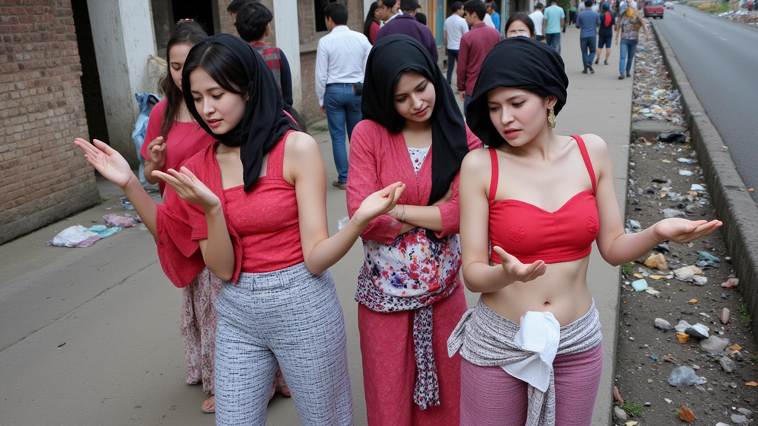 a beautiful naked malaysian girl, sweaty, athletic body, wearing hijab, and hairy armpits, being carried by two women