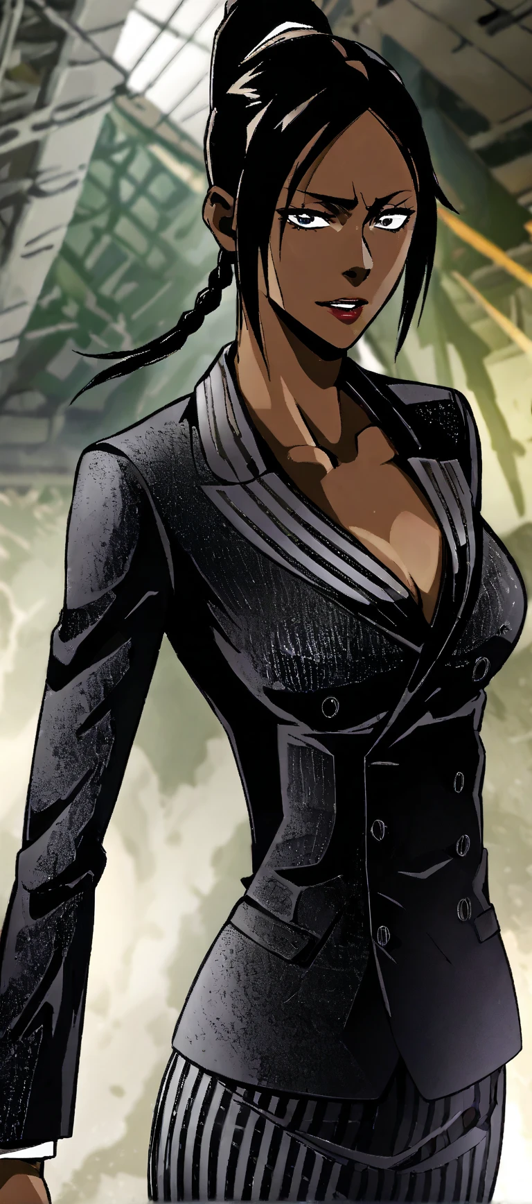 Masterpiece) (High Detail) (High Res) (Black Skin) Looking from above A young black humanoid FutEred with dark skin and ebony flesh and green eyes and short black hair and goat ears and short dark goat horns and a toned teen body and small to average breasts dressed like a private investigator in a trench coat and a formal suit