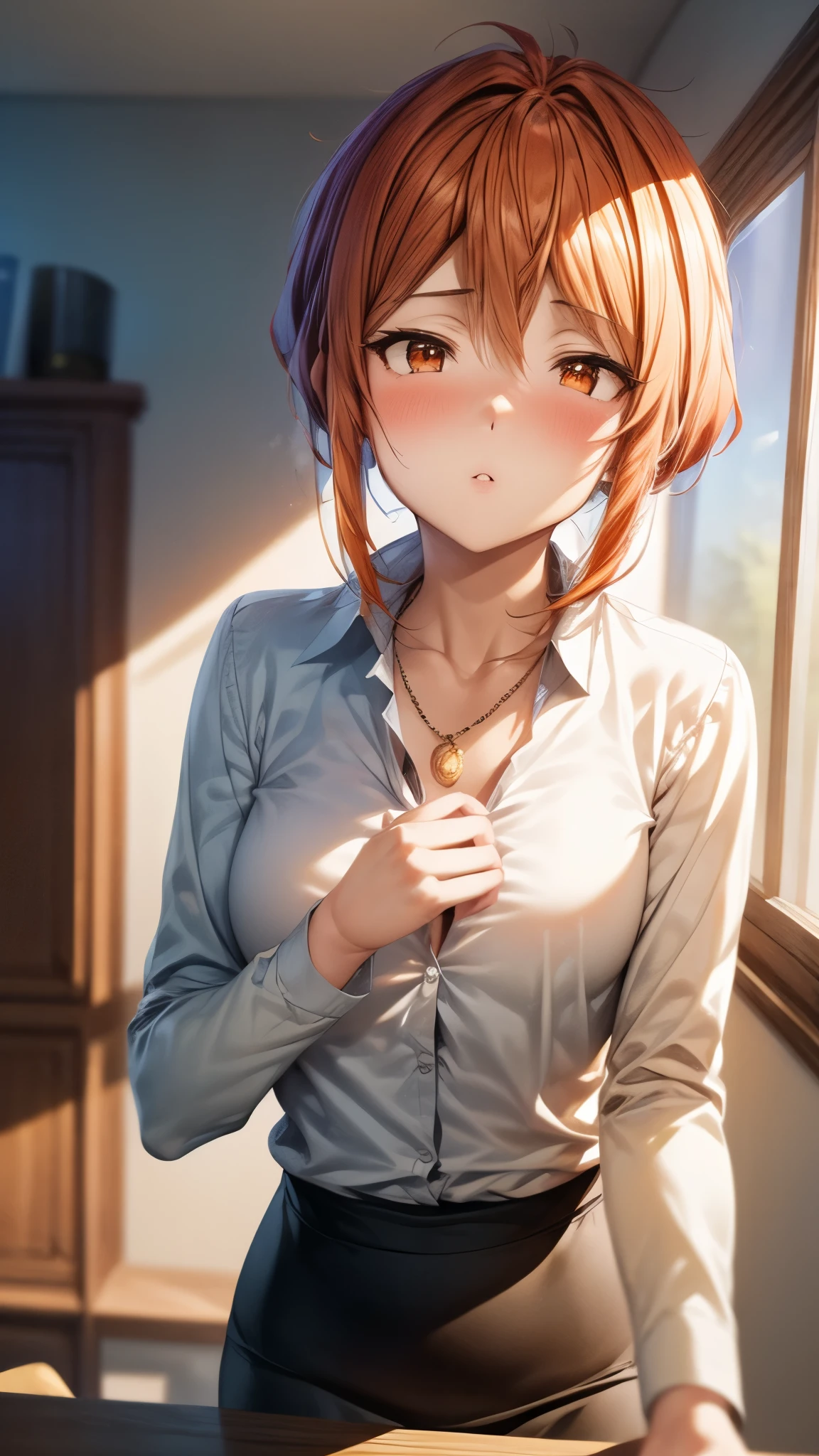 (Ultra High Quality,ultra high definition,16k,Super Masterpiece,Ultra HD ,detailed shading and background,) upper body shot from below,Sexy Wife,Orange hair put together, white long sleeve shirt,Chest Valley,necklaces,Pencil Skirt,Open your lips a little,blush,living,Leaning forward greatly,