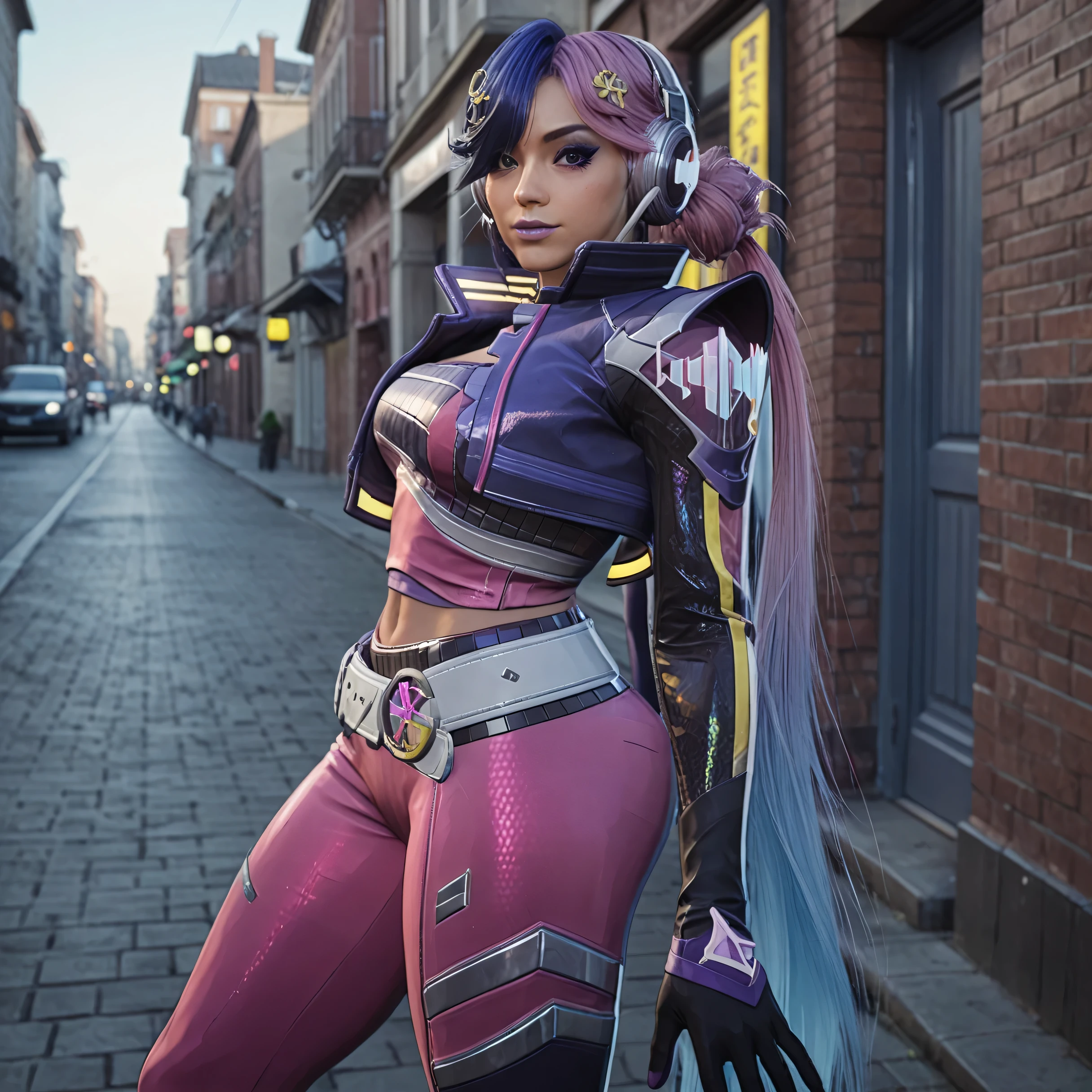 (Masterpiece), (expressive eyes), 1girl,standing, medium shot, cleavage, huge breast, huge butt, seductive pose, city street,.,lun4m2099, 1girl, solo, gloves, purple hair, multicolored hair, belt, jacket, pink hair, long hair, headphones, blue hair, makeup, hair over one eye, pants, boots, bodysuit, lipstick, very long hair, purple lips, eyeshadow, cropped jacket, navel, twintails, high heels, two-tone hair, hair ornament, gradient hair, purple jacket
, score_9, score_8_up, score_7_up, source_anime, ,
