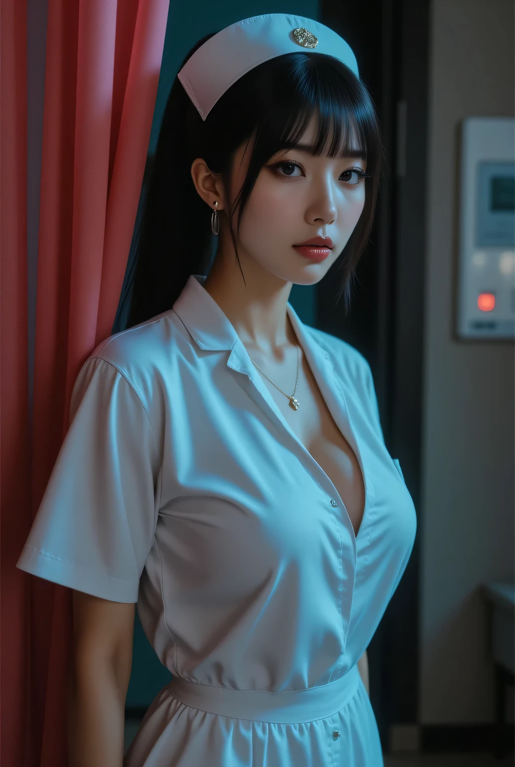upper body, close-up, photographed from above at an angle, highest quality, photo realistic, high resolution, masterpiece,
super beautiful Japanese mature woman, 50years old, looks like a intimidating dominatrix, condescending gaze, charm with gaze, staring at the viewer, big breasts, glossy skin, oily skin, eye makeup, long false eyelashes, eyeliners, mascara, lip makeup, short ponytail,
tight-fitting nurse uniform with no sagging, wrinkle-free nurse uniform, even in a tight-fitting nurse uniform breasts are big,
in a dimly lit hospital bedroom late at night, opening the curtains or door of the hospital room and entering, moment the curtains or door are opened, easy-to-see color lighting, colorful to keep