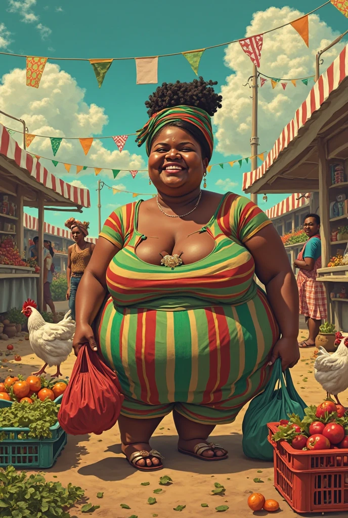 a sexy brown voluptuous big ass, freaky big booty, bikini indigenous girl, wearing accesories in the arms and legs, with kart market buying things in a mart, artistic composition, masterpiece art