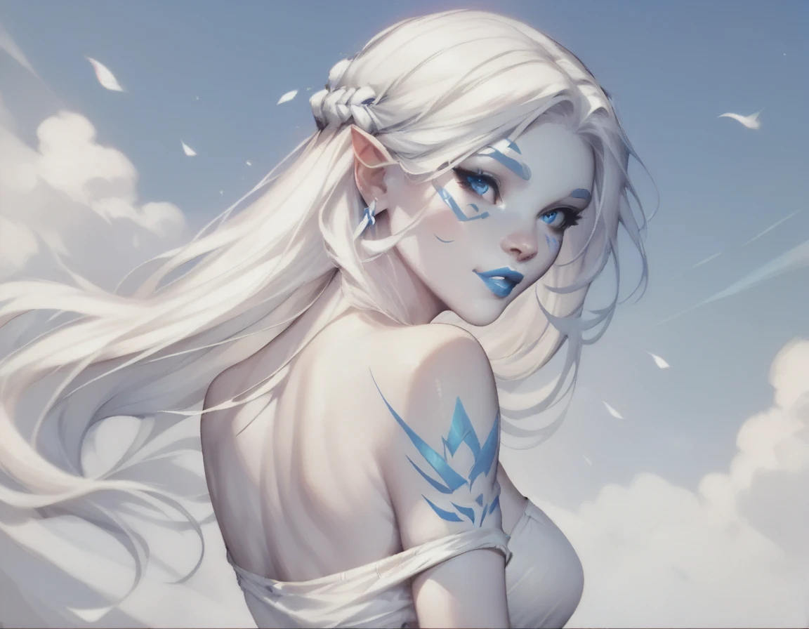 (best quality) (close up) girl with ice for hair that flows over and down her back looking over her shoulder, (frost) dark ice blue eyes intensely staring, water tattoos on her face, water tattoos on her back, tattoos, blizzard, wall of water and ice in background, HDR, 4K, Ultra high detail, 3D, 3D animation