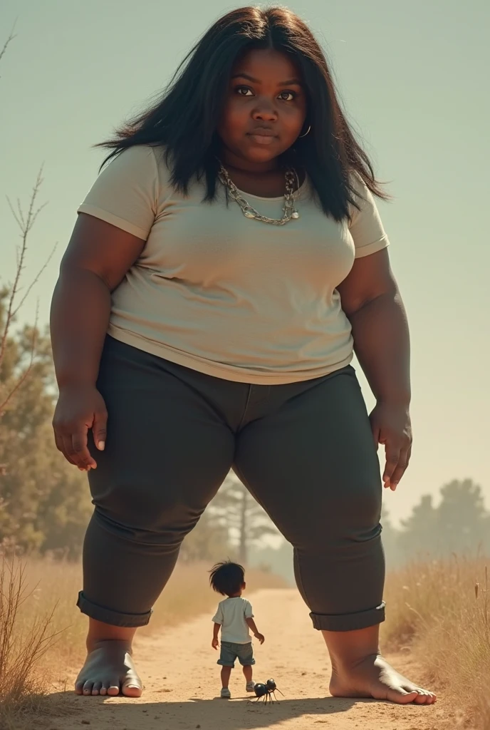 Create a photo of a teenage girl, obese, with black and dark skin, with short hair wearing a white shirt and black skirt and glasses, lifting the body of a 30-year-old woman from the ground by the waist and lifting it high into the air, with light white skin, Long brown hair, slim body, with hoop earrings, no bra with bare breasts and wearing jeans