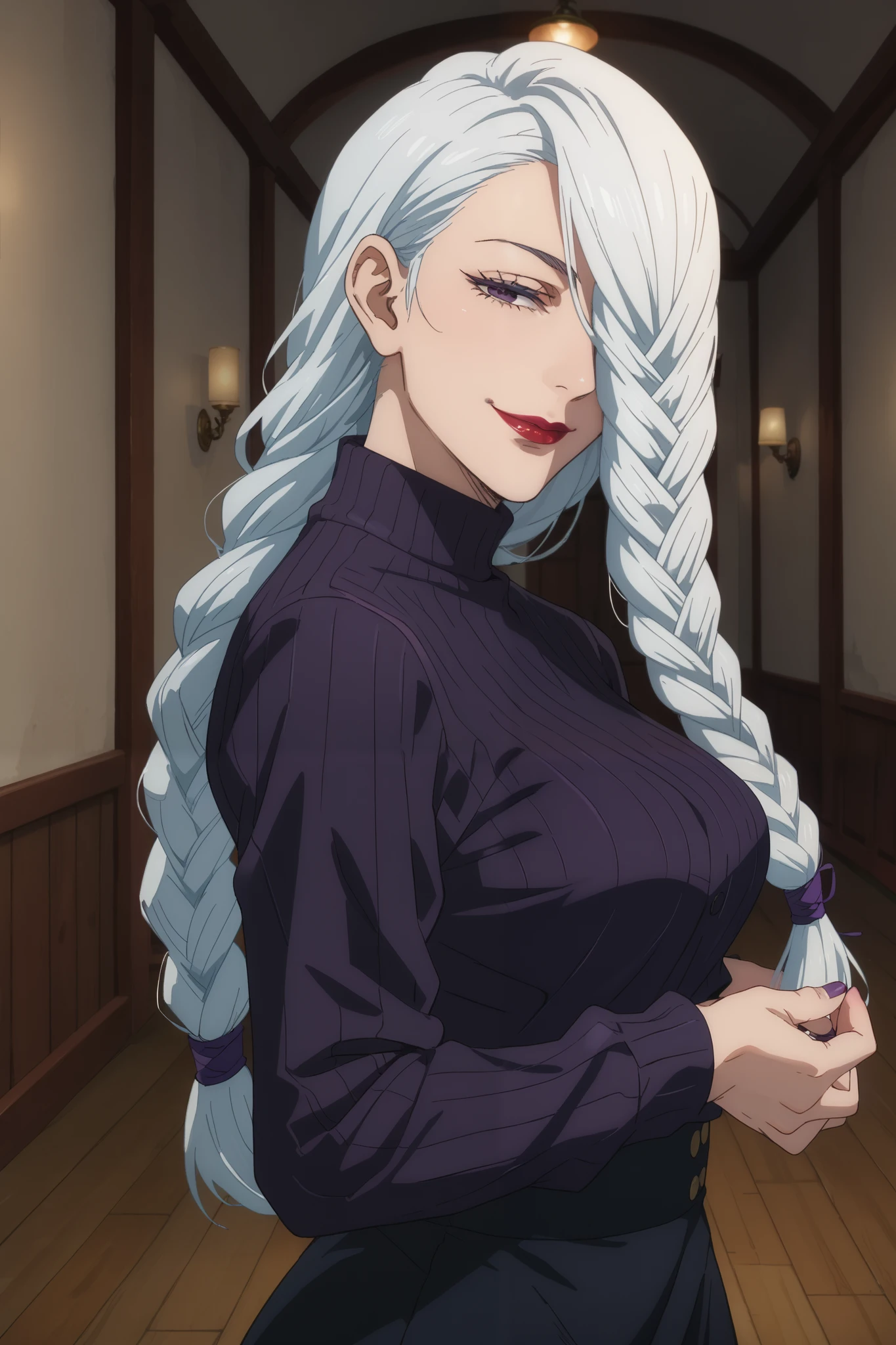 score_9_up, score_8_up, score_7_up 1girl, purple nails, mature female, ChopioMeiMei, white hair, long hair, braided ponytail, front pontytail, purple eyes, braid, hair over one eye, one eye covered, red lips, lipstick, half-closed eyes, looking at viewer, smile, closed mouth, purple nails, bare skin, standing, posing, side-tie