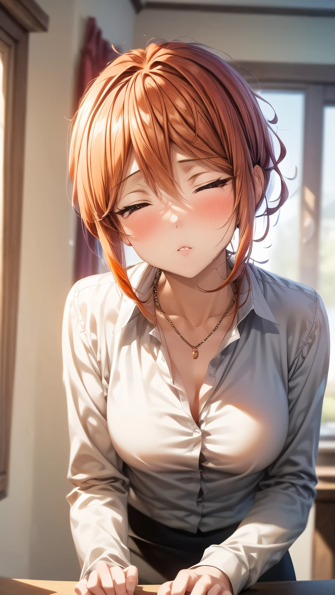 (Ultra High Quality,ultra high definition,16k,Super Masterpiece,Ultra HD ,detailed shading and background,) upper body shot from below,Sexy Wife,Orange hair put together, white long sleeve shirt,Chest Valley,necklaces,Pencil Skirt,Open your lips a little,blush,living,Leaning forward greatly,
