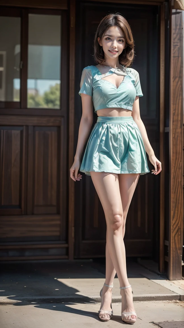 Photo of 22 year old girl, (brown hair with extra long wavy), ((portrait)), (Detailed face: 1.2)), (Detailed facial features)), (Fine skin), pale skin, (deep cleavage), slim body, (cold color), reflection, (masterpiece) (Perfect proportions) (realistic photos) (highest quality), shot with Canon EOS R5, 50mm lens, f/2.8, HDR, (8k) (wallpaper) (movie lighting) (dramatic lighting) (sharp focus) (complex), (blouse, mini flared pastel skirt), ((full body shot)), (studio background), ((from below))