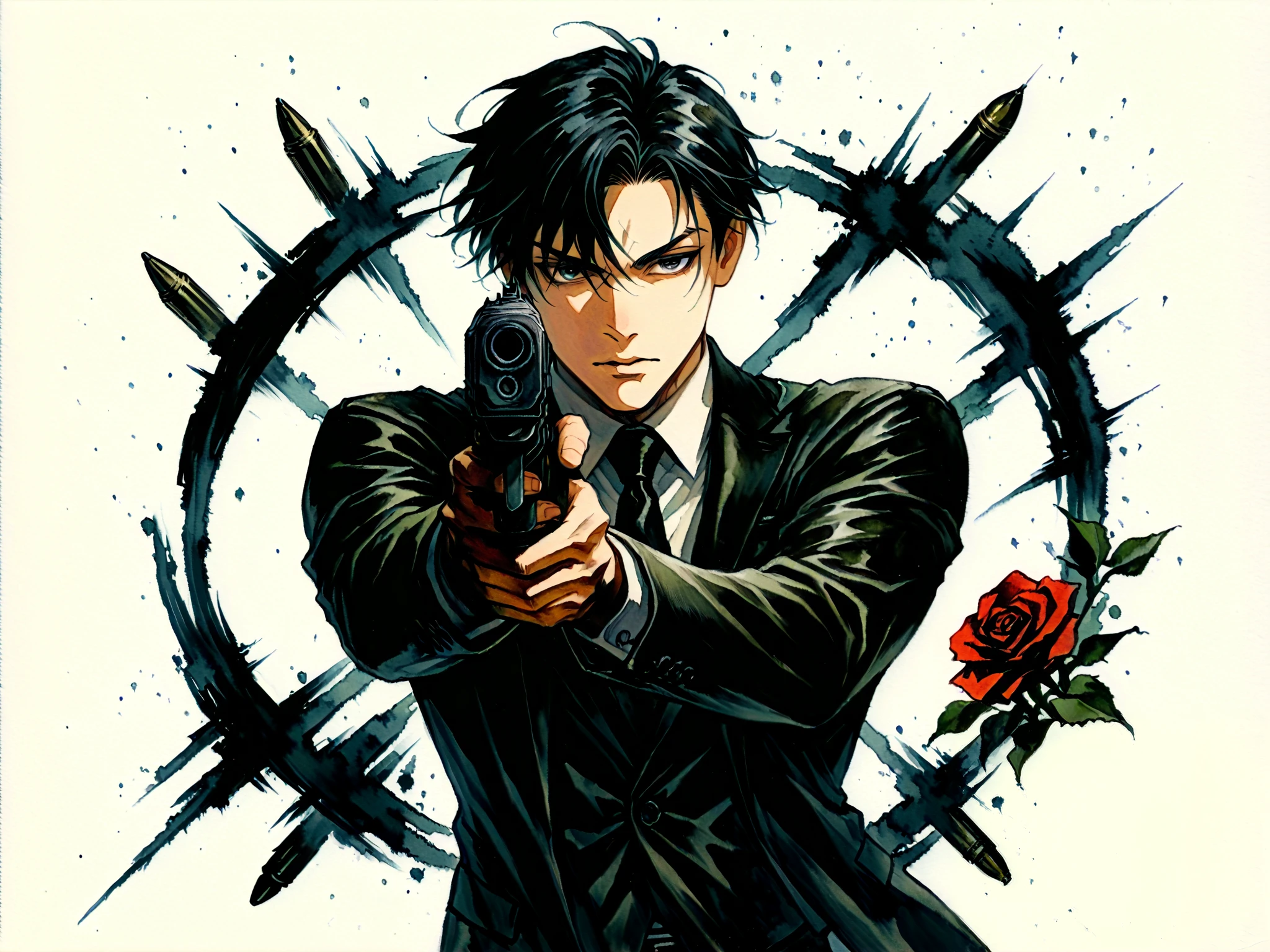 1boy ,weapon,alone,male focus,gun,traditional media,formal,suit,firing,necktie,handgun,marker (medium),black hair,holding gun,red rose,score_9,score_8_up ,(Bullet Time Dodge),(Western Gunman),aim and shoot at the counter,Age up ,(Bullets that grab the cheek)