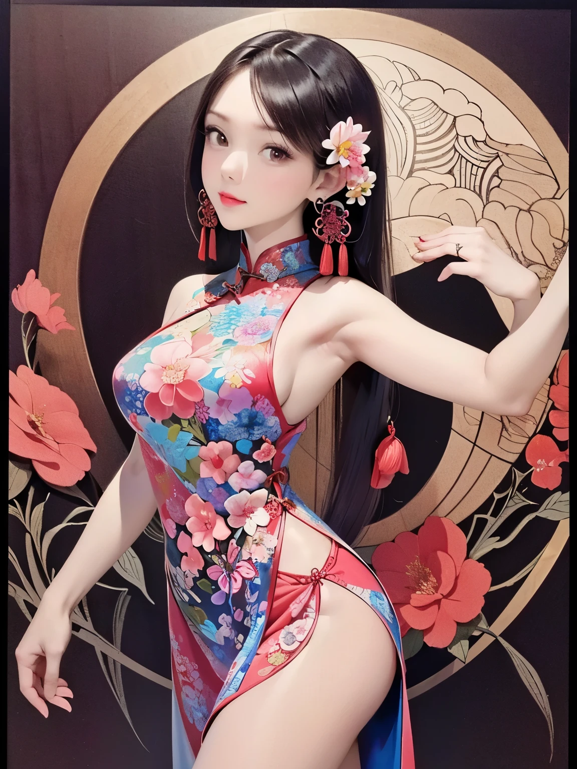 ( masterpiece, Top Quality, Best Quality, official art, Beautiful and aesthetic:1.2), (1 Girl:1.3), extremely detailed,(Fractal Art:1.1),(colorful:1.1)(Flowers:1.3),Highest Detail,(Zentangle:1.2), (dynamic pose), ( abstract background :1.3), (traditional Chinese costume:1.2), (shiny skin), ( many colors :1.4), ,(earrings:1.4),