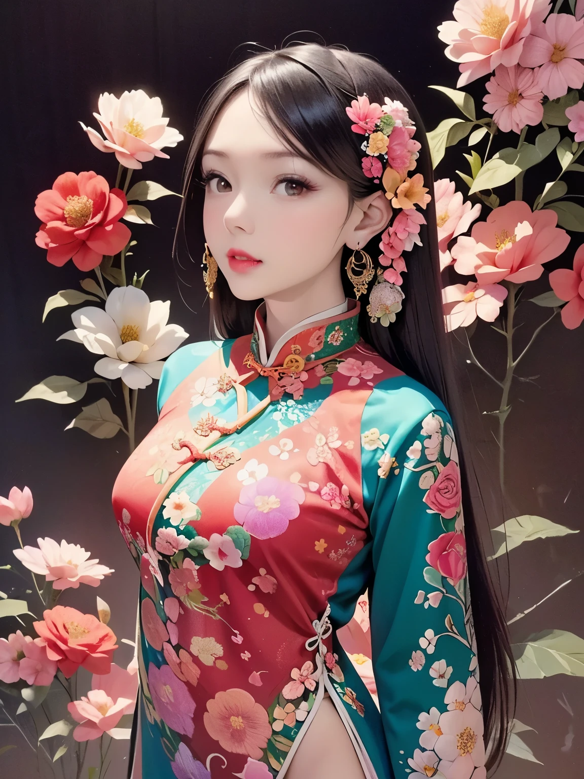 ( masterpiece, Top Quality, Best Quality, official art, Beautiful and aesthetic:1.2), (1 Girl:1.3), extremely detailed,(Fractal Art:1.1),(colorful:1.1)(Flowers:1.3),Highest Detail,(Zentangle:1.2), (dynamic pose), ( abstract background :1.3), (traditional Chinese costume:1.2), (shiny skin), ( many colors :1.4), ,(earrings:1.4),