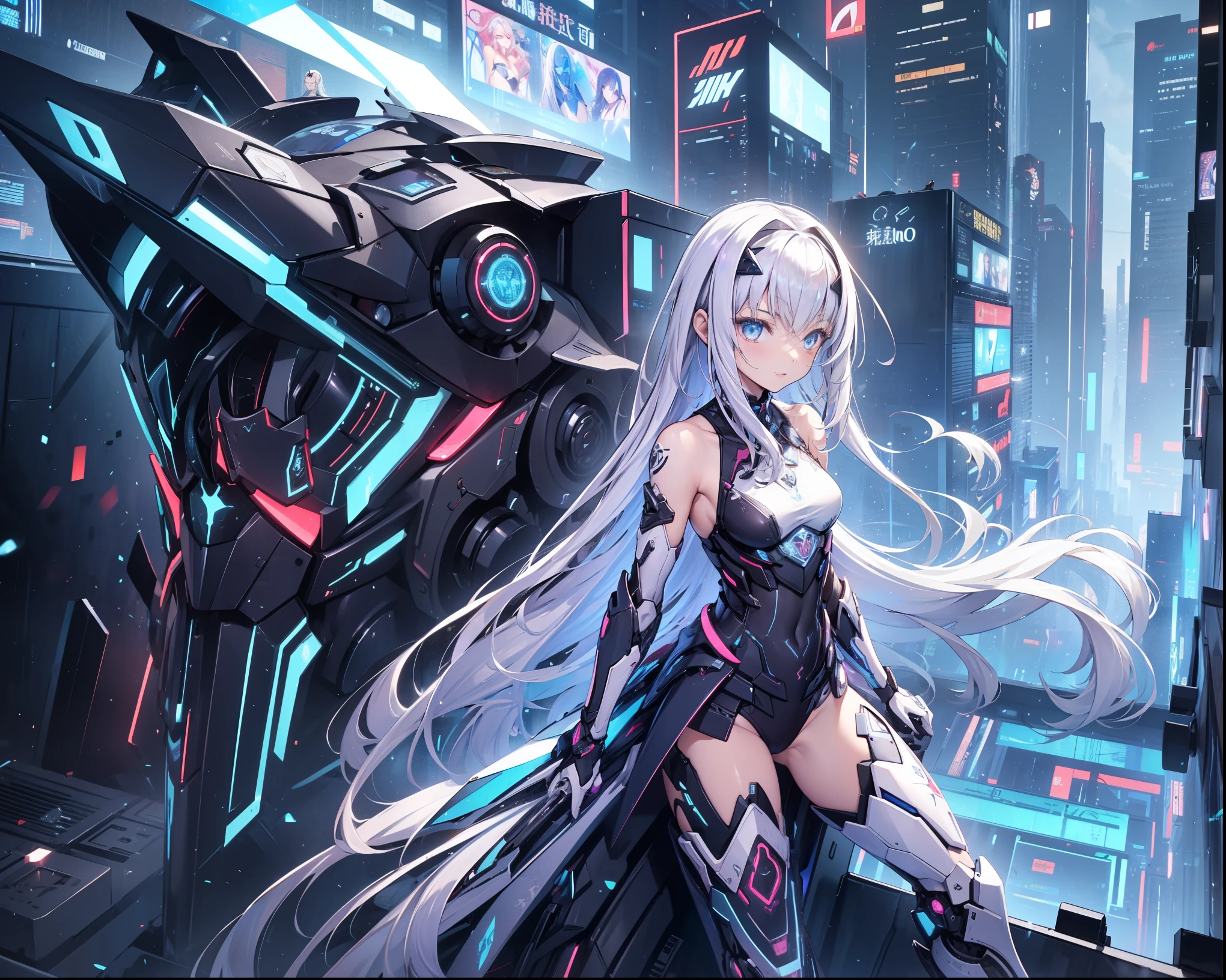 top-quality、masterpiece、超A high resolution、(Photorealsitic:1.4)、Raw photo、Steampunk Battle Cyborg Angel、large wings made of metal、White porcelain body、Acrylic Clear Cover、white hair、glowy skin、1 Cyborg Girl、((super realistic details))、portlate、globalillumination、Shadow、octan render、8K、ultrasharp、character edge light,Colossal tits、Raw skin is exposed in cleavage、Details of complex ornaments、Sumerian details、Hydraulic cylinder、Small LED lamp、highly intricate detail、Realistic light、a purple eye、radiant eyes、Facing the camera、neon details、cowboy shot、Futuristic headgear、About Cyberpunk、