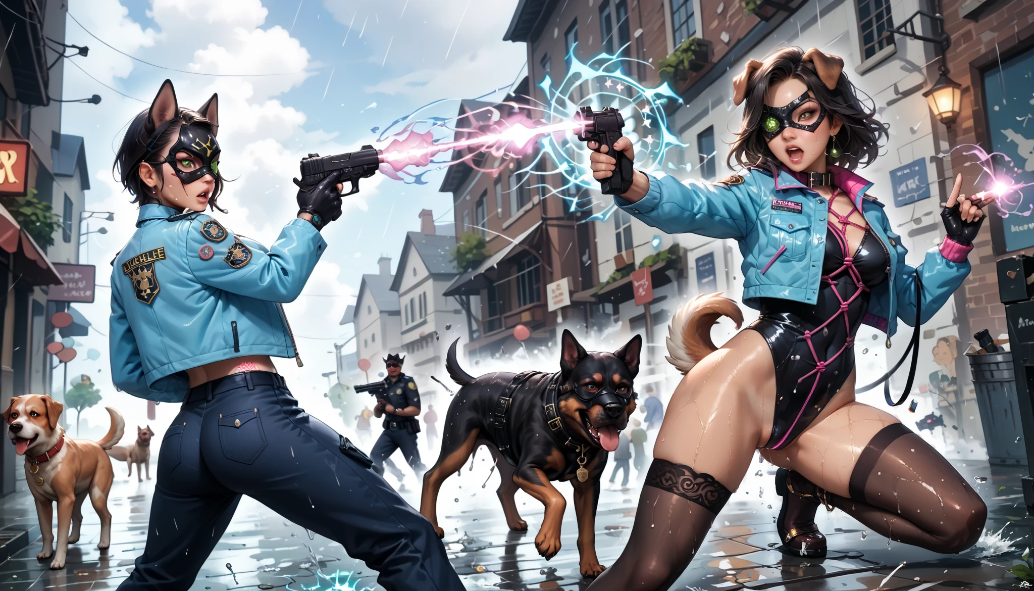Narrow back alley, Soaked in the rain, A lot of mob of rioters with heavy guns, Countless bullets stand still in the air, magic barrier stops countless bullets, (They're fighting a battle with guns at the ready:1.4), young beautiful woman transformed by a playful yet benevolent magic that enhances her mystical aura, dog ears, (ethereal design dark brown police jacket and shibari and crotchless short pants with butt plug:0.99), Collar with leash, gloves with sharp claws,(dog eye mask:1.6),dark brown thigh-high stockings with glowing rune pattern, Expression of enduring heat as she embraces her magical transformation,(flushed skin:0.7),heart-shaped pupils, green glowing eyes imitating a dog, Leotards and other costumes has a star pattern that symbolizes the ability to manipulate space, The long flowing light-emitting black hair, (magic flows from her hands forming swirling patterns in the air:1.19),(well-trained body:1.6),(huge tits:1.3),(covered nipples:0.7),(suntan:1.2),(Pubic hair:0.7),(underarm hair:0.99),(camel toe:0.6),(They all wet their crotches with love juice:0.9),(erotic tattoo on the leg groin), The image is in anime and manga art style,(from above:1.12), Dynamic Actions:1.5, Dynamic Angle:1.5, anatomically correct, super detail