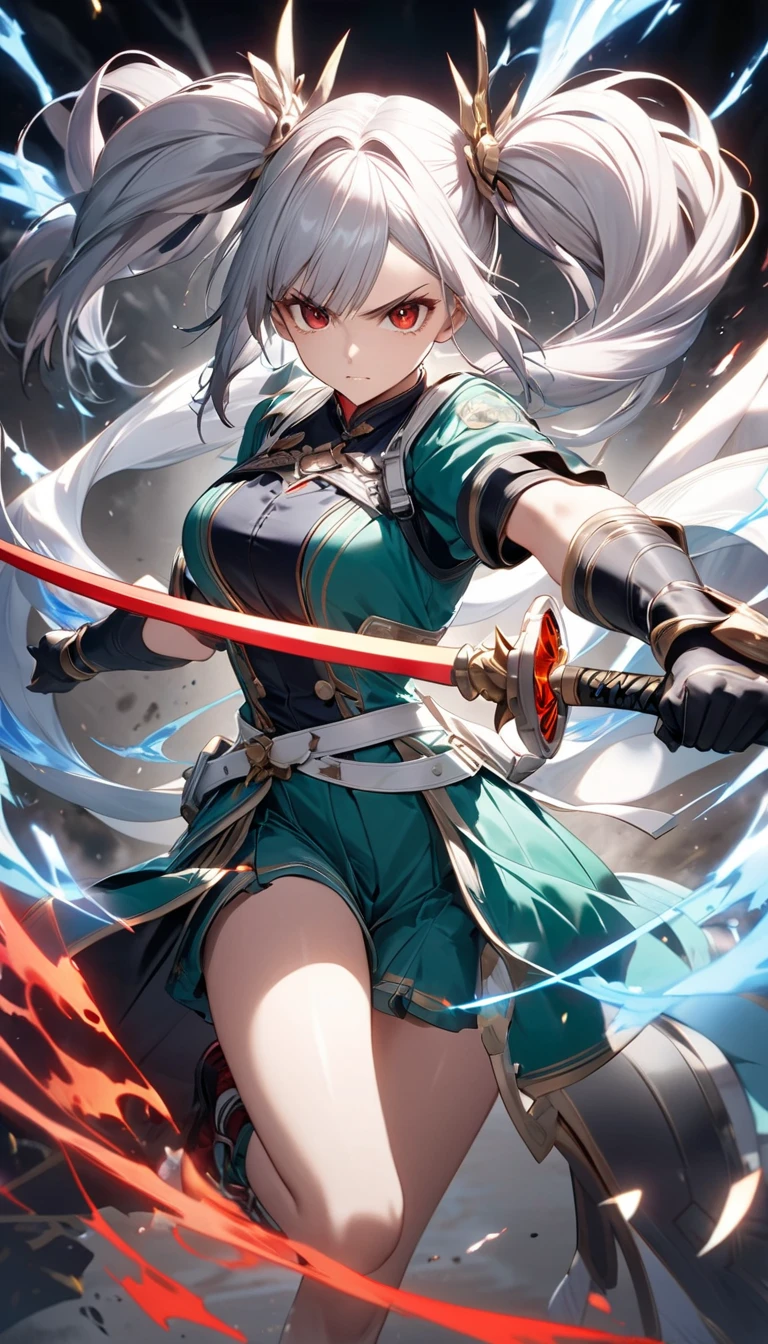 (masterpiece),(Highest quality),(Super detailed),(Best illustrations),(so beautiful), so beautiful長い脚, Thighs, Silver Hair, Red eyes, Very long hair, High Ponytail, Blue headband, Green leotard, White Cape, Shoulder pads, bracelet, holding weapon, huge_sword, slashing, 