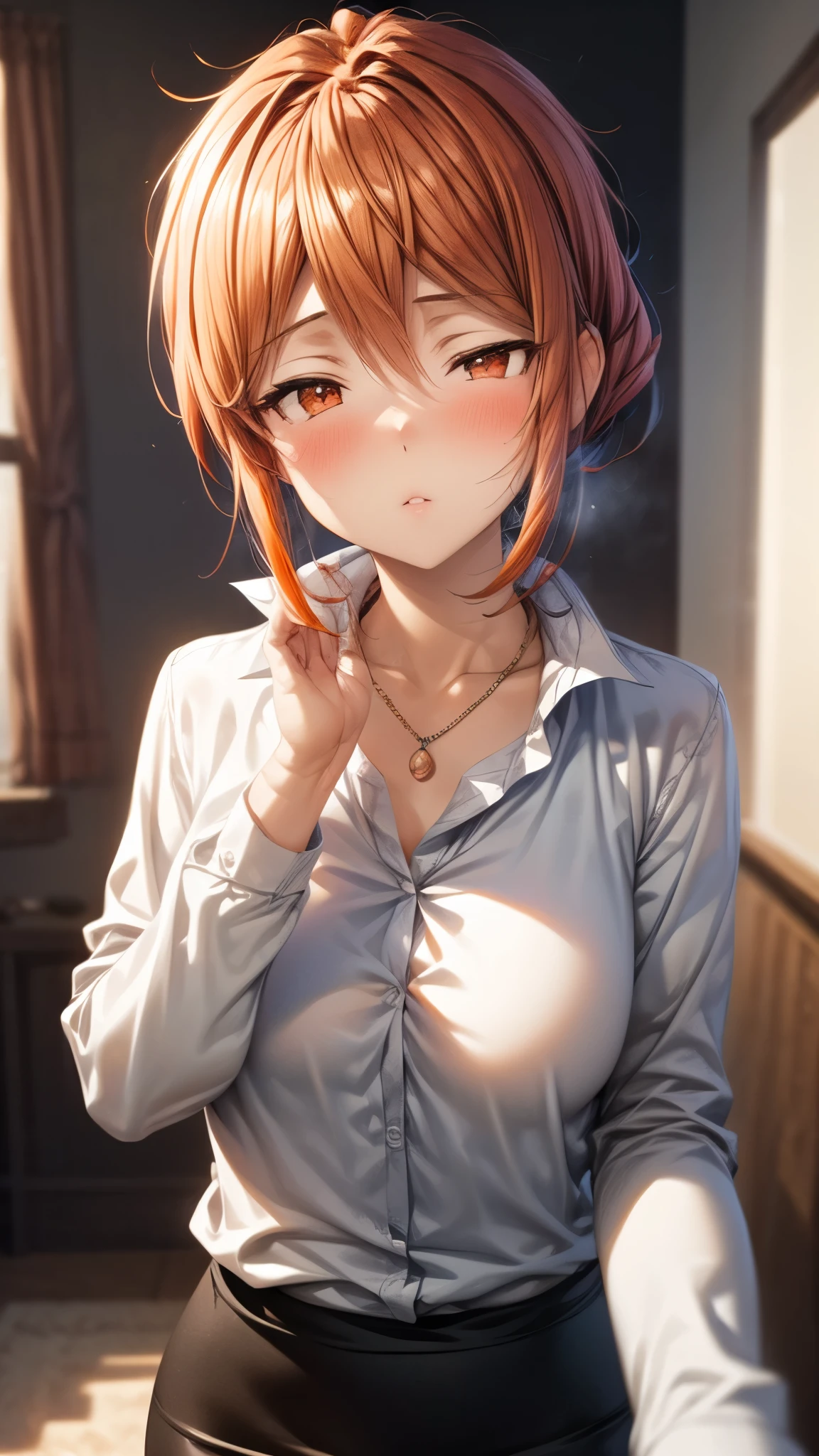 (Ultra High Quality,ultra high definition,16k,Super Masterpiece,Ultra HD ,detailed shading and background,) upper body shot from below,Sexy Wife,Orange hair put together, white long sleeve shirt,Chest Valley,necklaces,Pencil Skirt,Open your lips a little,blush,living,Leaning forward greatly,