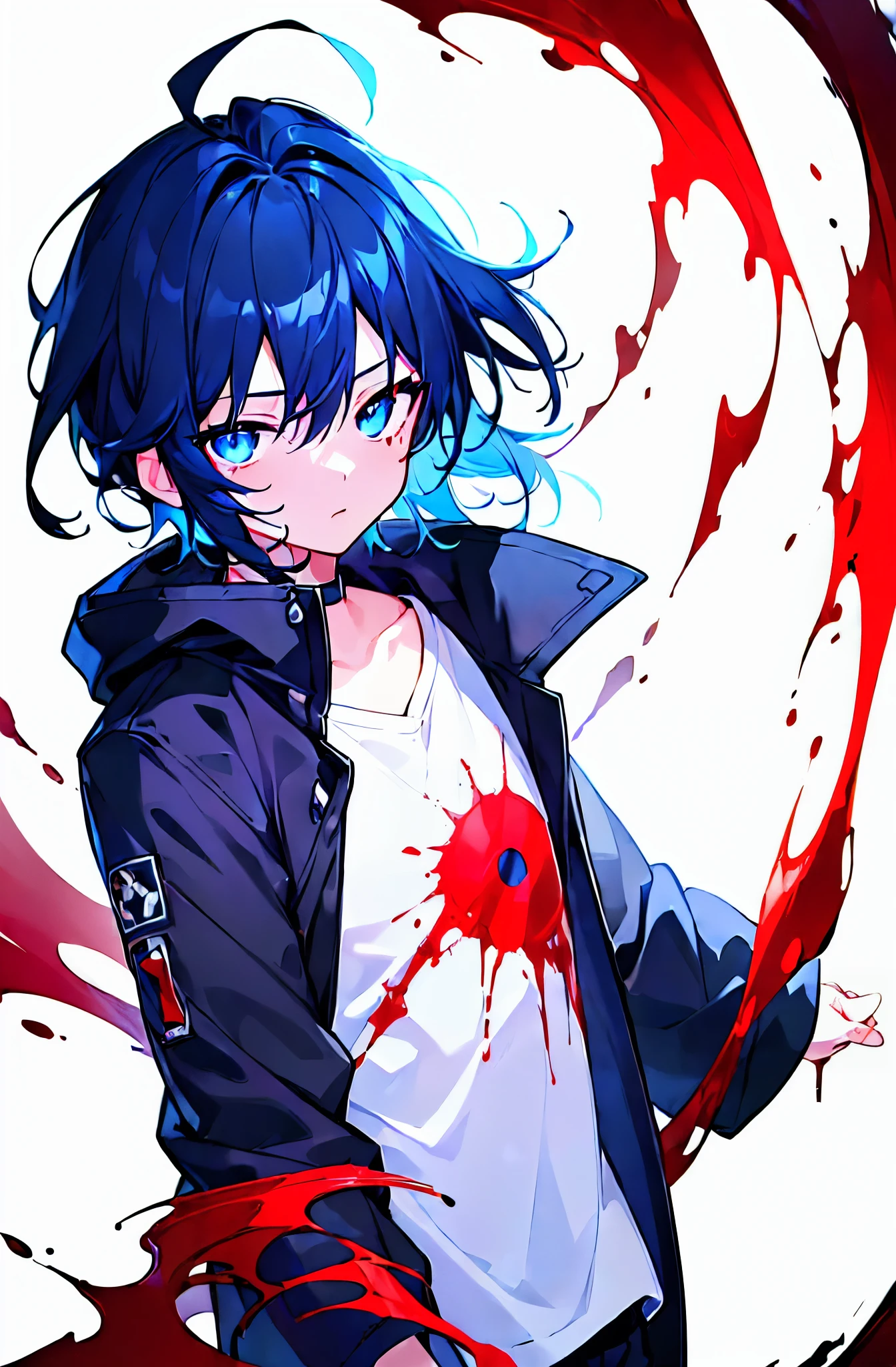 Anime - Stylistic image of a man with white hair and a white shirt, Badass anime 8 K, 2 d anime style, Anime style 8 K, Tsutomu Nihei style, Tall anime guy with blue eyes and red eyes, Tokyo Ghoul, Anime boy, handsome guy in demon killer art, gapmoe yandere grimdark, shigenori soejima illustration,frenzied,violence,Superb detail,The eyes were covered with a bloody cloth,Blood Moon,