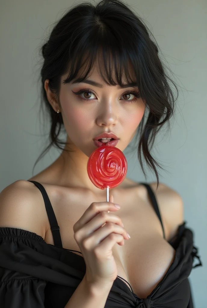 The image shows a beautiful woman eating cherries in a sensual way. She has her head tilted back while biting into the cherry. Paint of different colours is dripping all over her body.