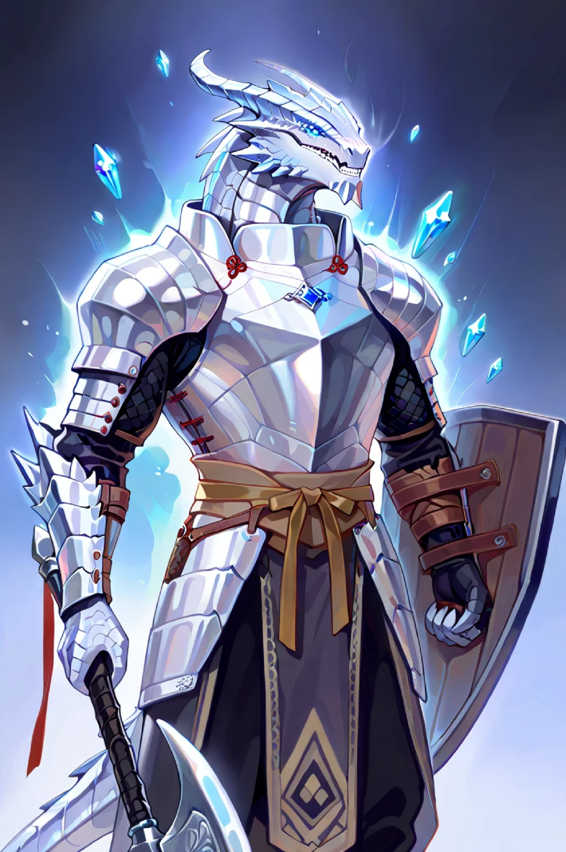 masterpiece, silver dragon male male, Great Divine Warrior, vestindo uma pesada plate armor adornada com adereços dracônicos que um símbolo circular multicolorido se destaca em seu peito. his gray scales have green features. At the top of his head is a large, long white Mohican crystal up to the back of his head,crystals floating near the head. In his left hand he holds a live axe made of meat bones with eyes and mouths covered with teeth. He wields a large tower shield on his right arm. His expression is calm, but her eyes are filled with intense energy. aggressive pose in the middle of a fight, large muscular body , A male draconate, Alone, very detailed, Mohican de cristal, gray scales with some green scales, plate armor , dnd dragon,
