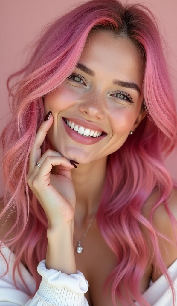 Best Quality, photorealestic, Ultra-detailed, finely detail, hight resolution, 8k wall paper, Professional, (Attractive 20 year old woman ), Elegant and stylish pink hair, party dress , smiles naturally, beautiful girl with a bright make-up and with plump purple lips rose peeks), natural lighting, On White Background