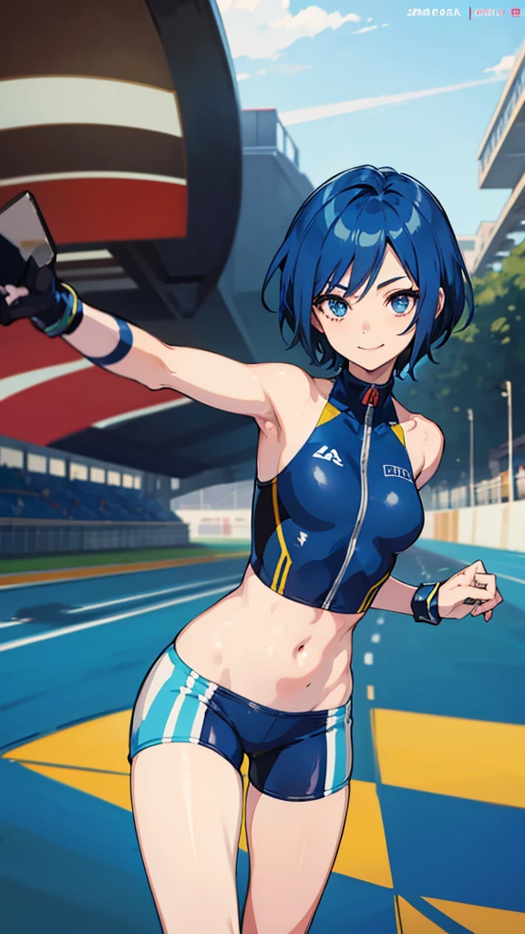 (Original Character、Unity 16K Wallpaper, Masterpiece, Best Quality, Ultra-Detailed, Extremely Detailed CG, Caustics, Cinematic Lighting, Detailed, Beautiful Detailed Eyes, solo), Ultra High Resolution, fine skin, (track and field:1.2) 、(strong light)、oily skin,smile , from front:1.2、(sexy women)、Arena、full body shot、separate、racing bloomers、show off belly,show off neck,sunny day、cowboy shot,blue hair