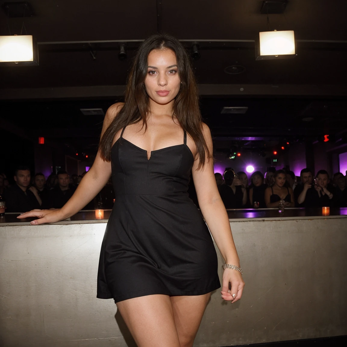 ana de armas linda chica blanca de cabello negro bonito cuerpo hermosos ojos y bonitos piernas y pies , vestido negro , tacones altos , mirando sexy en una fiesta discoteca