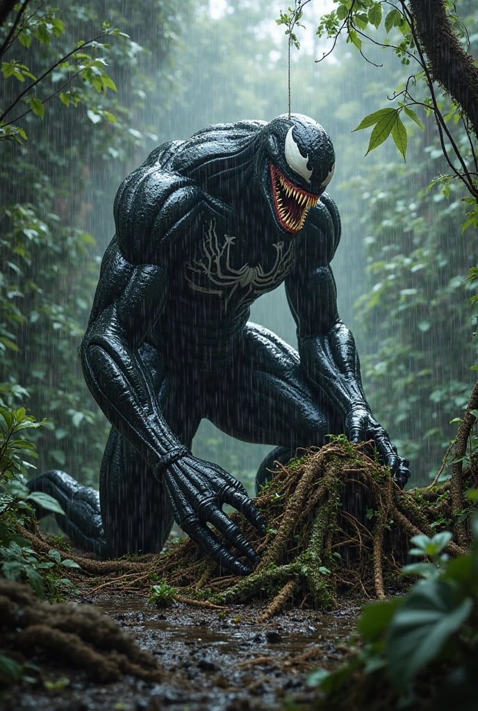 Venom is cutting a large tree in the Amazon jungle, and he has already cut halfway through the tree with a cutting machine.