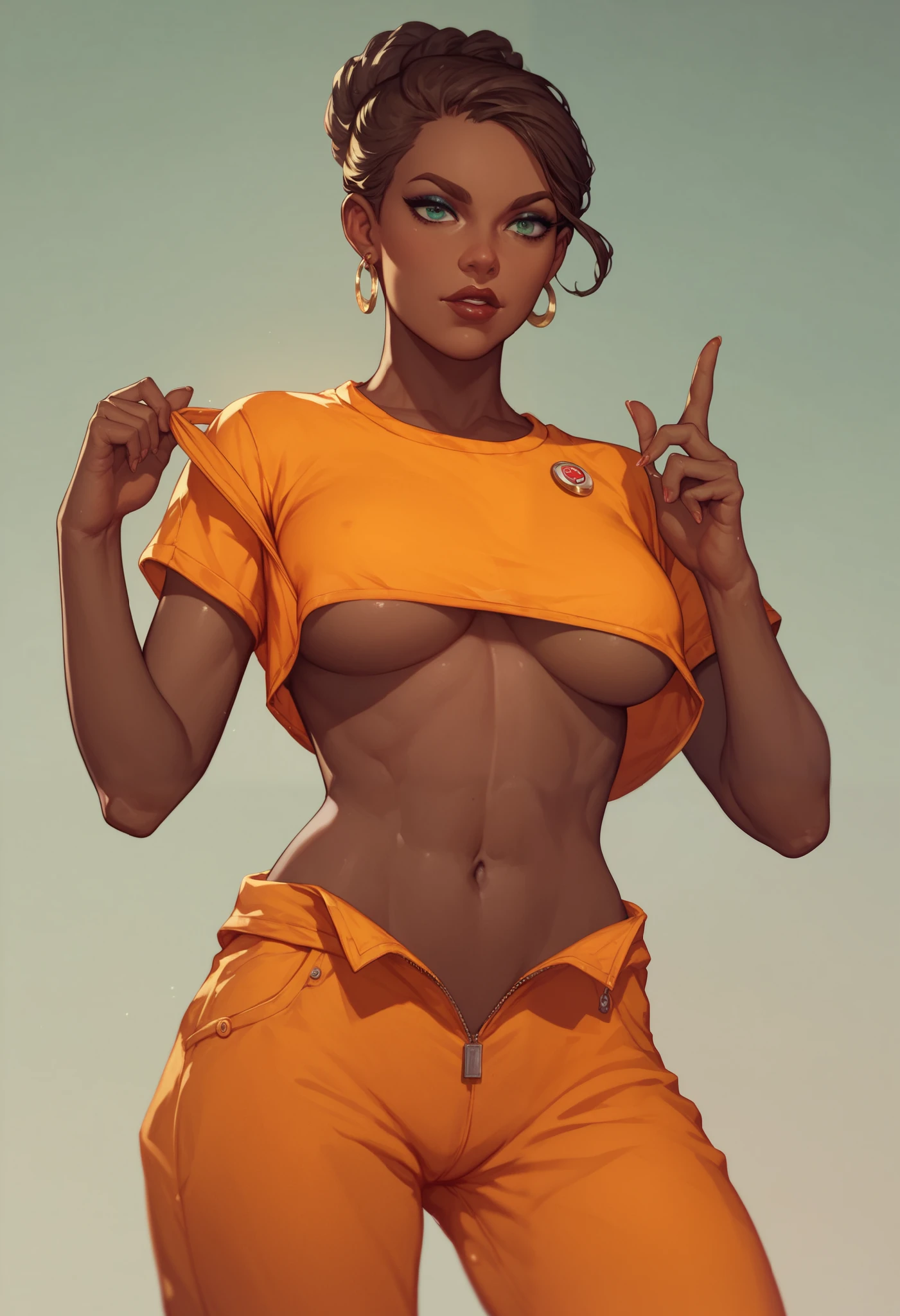 close up, ((masterpiece)),(((best quality))),((character)), ((full body view)) ((black woman)) ((crew cut)) ((seductive pose)) mature face, defined cheekbones, high cheekbones, illustration, girl, muscular, (crew cut:1.4)), sexy bimbo, (gigantic breasts:1.7) black hair, ((detailed face:1.4)) beautiful woman, (orange leotard:1.4), (gold hoop earrings:1.6), (thighhigh:1.4) (red lipstick:1.3) , shiny skin, scribbles and marks,(puffy lips:1.5) , rough sketches, 8k,16k, (simple background, white background: 1.3), orange legs, orange arms, (brown face:1.5), ((punching the viewer))