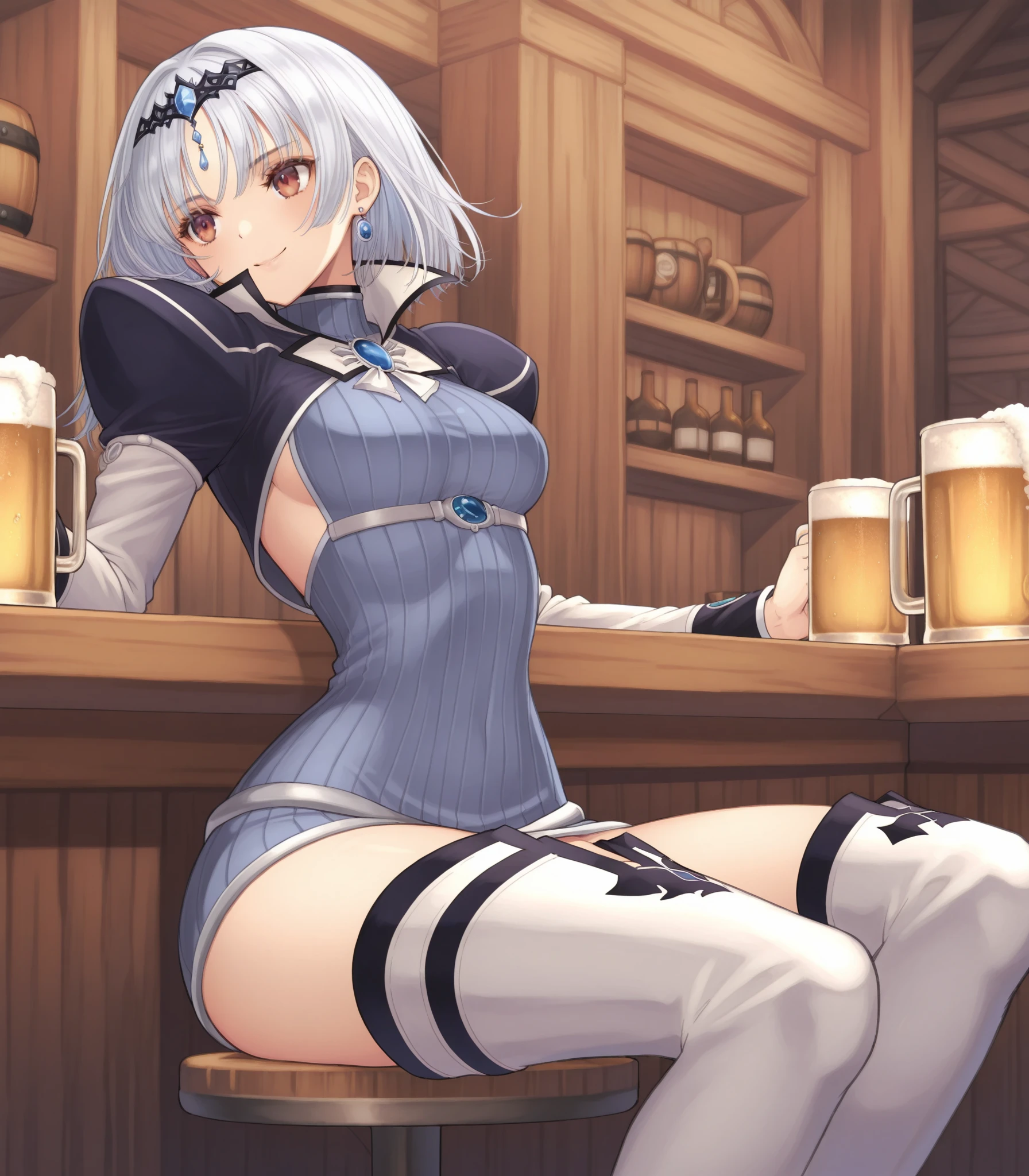 (Best Quality, Masterpiece),sexy, erotic, 1girl, 18 years old, Contempt, pride, long hair, ((green eyes)), looking at viewer, looking at viewer, warm light, (small breasts), big butt, ((smirk)), (((bunny suit))), (thick thighs), ((grabbing own ass)), smile, ((ass)), back, elf ears, ponytails, bunny ears, ((medieval bar)), tights