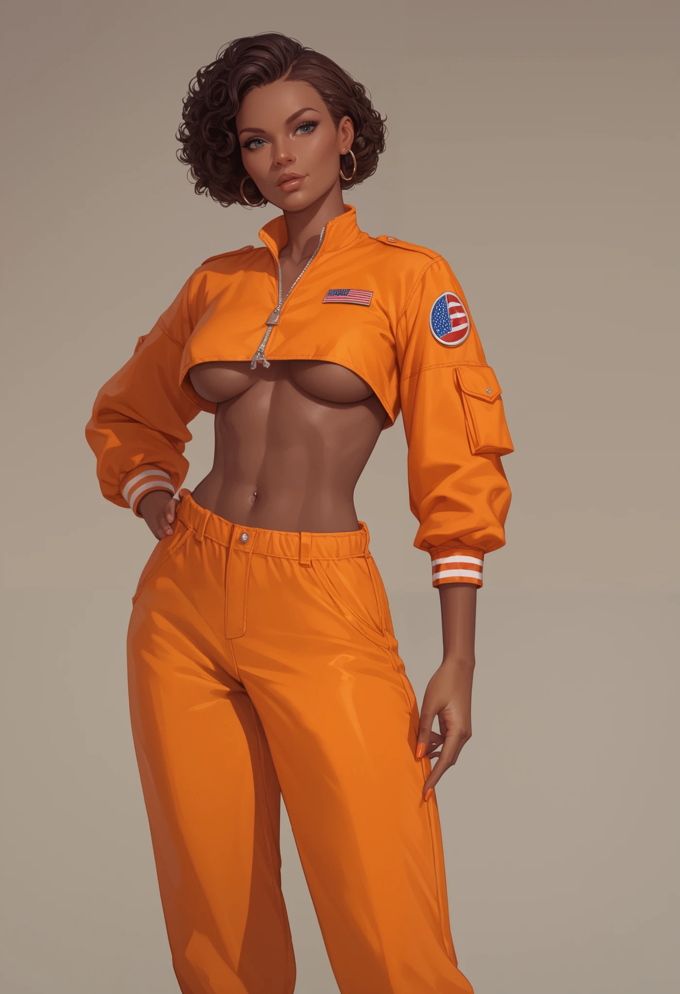 Photorealistic photos,best qualityer,A masterpiece in the Japanese style:enviroment:the night,the street,Graffiti on alleys and walls,neonlight,young dark skinned woman,in her 20s,with brown eye,big earrings,Silver short bob hair,Perfect body and well-defined buttocks,Naked small breasts showing brown nipples,Bare shoulders and belly,Add belly button,Military pattern wide camouflage pants open to reveal black underwear,White sneakers,Naughty smile,light make-up,hip hop posing,Add a black stray cat