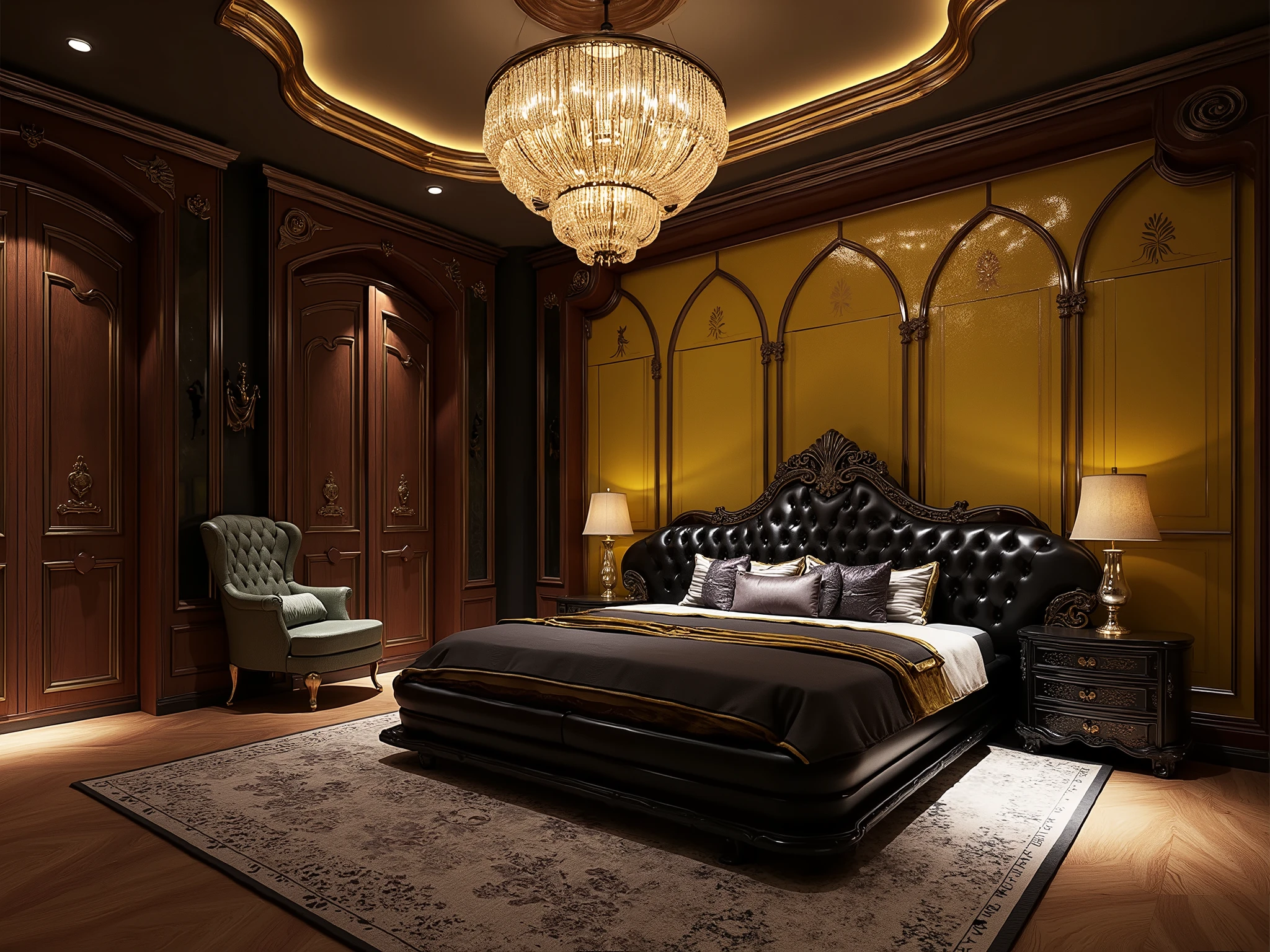 paint a luxurious 50 square meter bedroom, wooden door , wiggling screen chandelier layout, black leather bed tail chair, dog snail colored wood flooring, large wardrobe yellow light glass