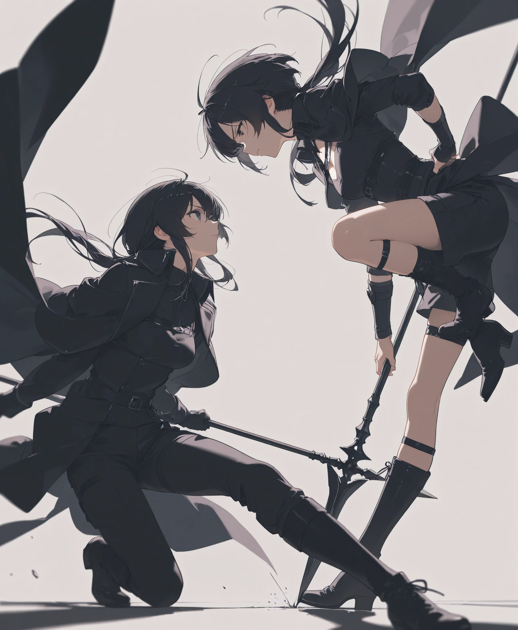 Full body shot of two female swordswomen from Assault Lily, 1 versus 1, fighting in a fierce duel death match, face to face with serious expression. One of them take lethal slash and wounded. They have long loose hairstyle, small thighs and slender legs. They are wearing different color of dress armor, a pair of thin long black elbow gloves, and pleated skirt. Both of them are wearing a pair of black thigh highs and black shoes. Background set in a lush forest.