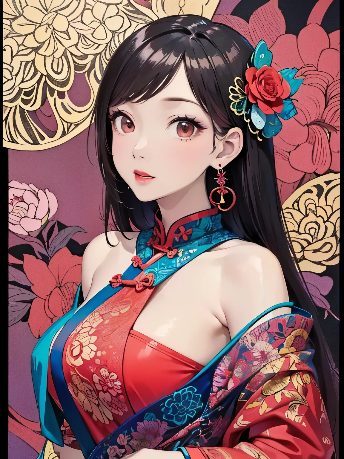 ( masterpiece, Top Quality, Best Quality, official art, Beautiful and aesthetic:1.2), (1 Girl:1.3),  extremely detailed,(Fractal Art:1.1),(colorful:1.1)(Flowers:1.3),Highest Detail,(Zentangle:1.2), (dynamic pose), ( abstract background :1.3), (traditional Chinese costume:1.2), (shiny skin), ( many colors :1.4), ,(earrings:1.4),