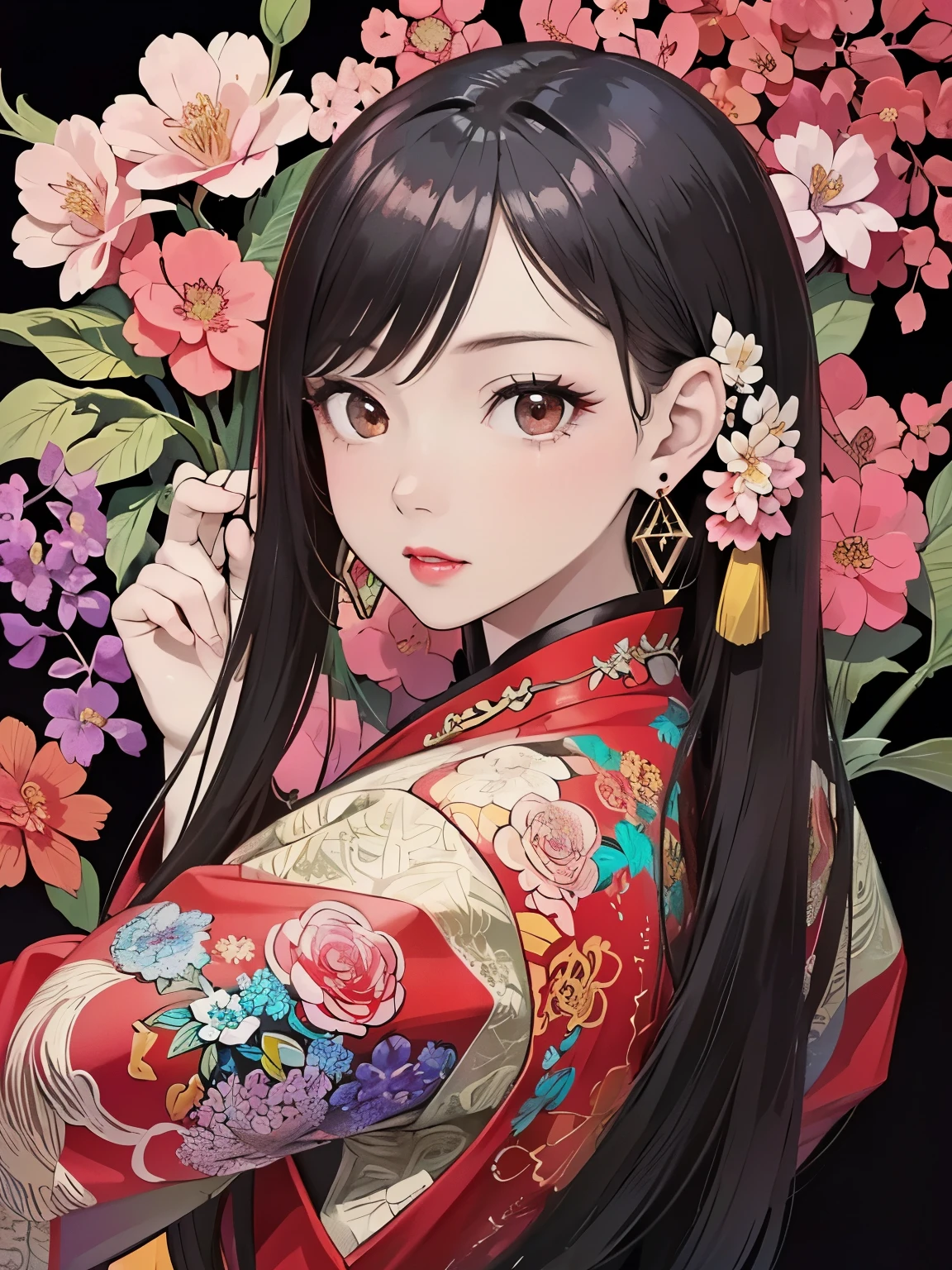 ( masterpiece, Top Quality, Best Quality, official art, Beautiful and aesthetic:1.2), (1 Girl:1.3),  extremely detailed,(Fractal Art:1.1),(colorful:1.1)(Flowers:1.3),Highest Detail,(Zentangle:1.2), (dynamic pose), ( abstract background :1.3), (traditional Chinese costume:1.2), (shiny skin), ( many colors :1.4), ,(earrings:1.4),
