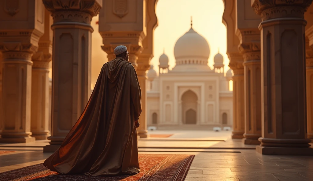 In a dark night A man wearing jubba and turban in dark sweet sodium light showing his backside, the background has a Turkey mosque its for a wallpaper
