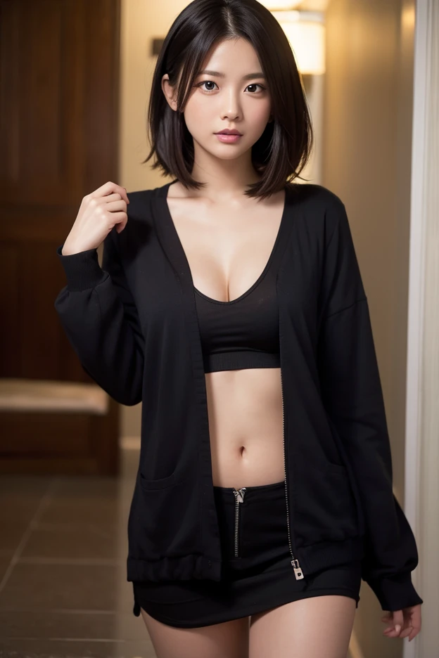 (realistic:1.3), finely detailed, quality, rembrandt lighting, (masterpiece:1.2), (photorealistic:1.2), (best quality), (detailed skin:1.3), (intricate details), dramatic, ray tracing, 1girl, japanese girl, 21 years old, detailed skin texture, (blush:0.5), (goosebumps:0.5), subsurface scattering, smiling, medium breasts, short hair curls, bangs, hair between eyes, naked hoodie, hood, open clothes, zipped, no bra, cleavage, navel, lace panties, cowboy shot, reclining on sofa, (bright sunny day, indoors, living room, sofa, window), <lora:naked_hoodie:1>
