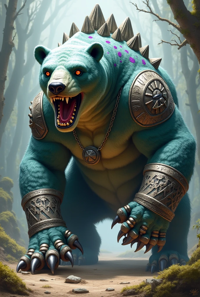 large body and a large tail, musclegut bear, (grey skin, grey skinned), black scales on his back, as a badass monster hunter, fat ripped satanic creature, but as an anthropomorphic bear, muscular, pectoral, wide pectoral, realistic, 8k, masterpiece, (wearing loincloth and shirtless)