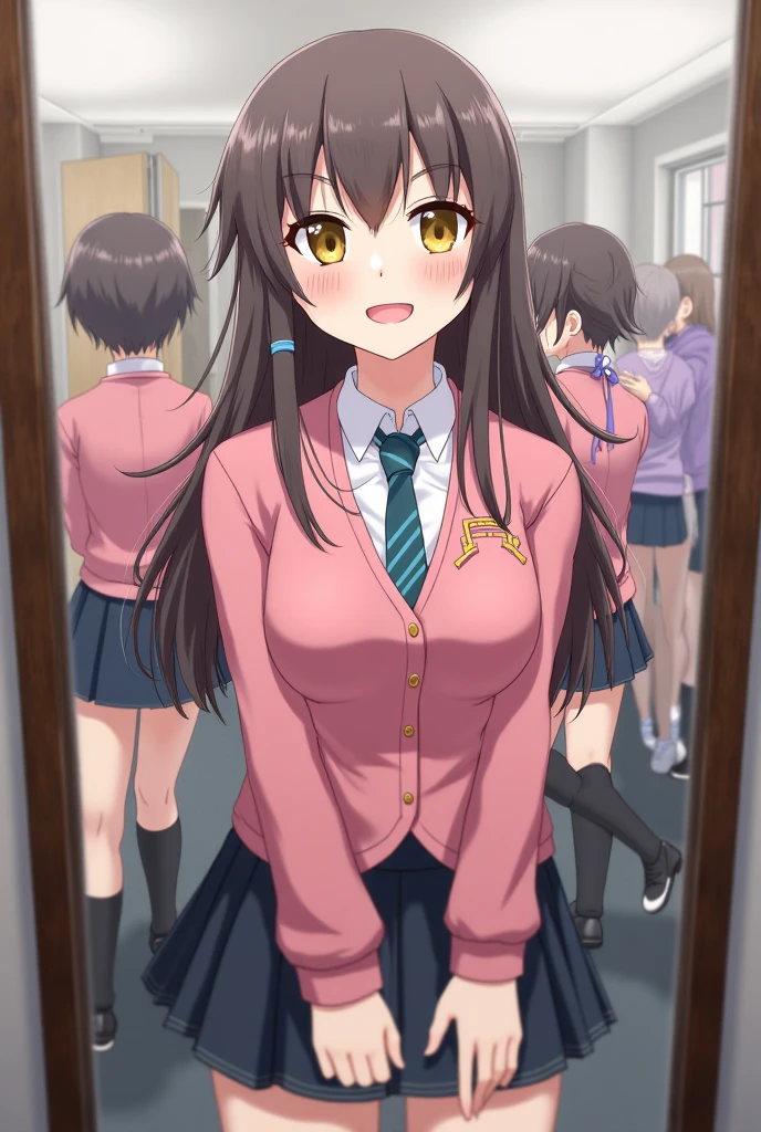 a beautiful young girl with a shy smile, completely nude, long dark hair, in a school event setting, with a boy also nude, both revealing their genitals, blushing, middle school age, detailed pubic hair