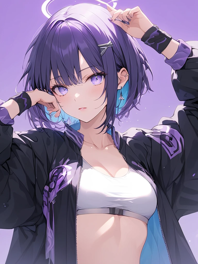 a close-up of a girl in a dark outfit with purple eyes, 1girl, solo, colored inner hair, (short black hair:1.2), (side view), looking at the viewer, (purple eyes), upper body, bare shoulders, medium breasts, blush, bangs, collarbone, jacket, off shoulder, black jacket, (hair over one eye:1.2)