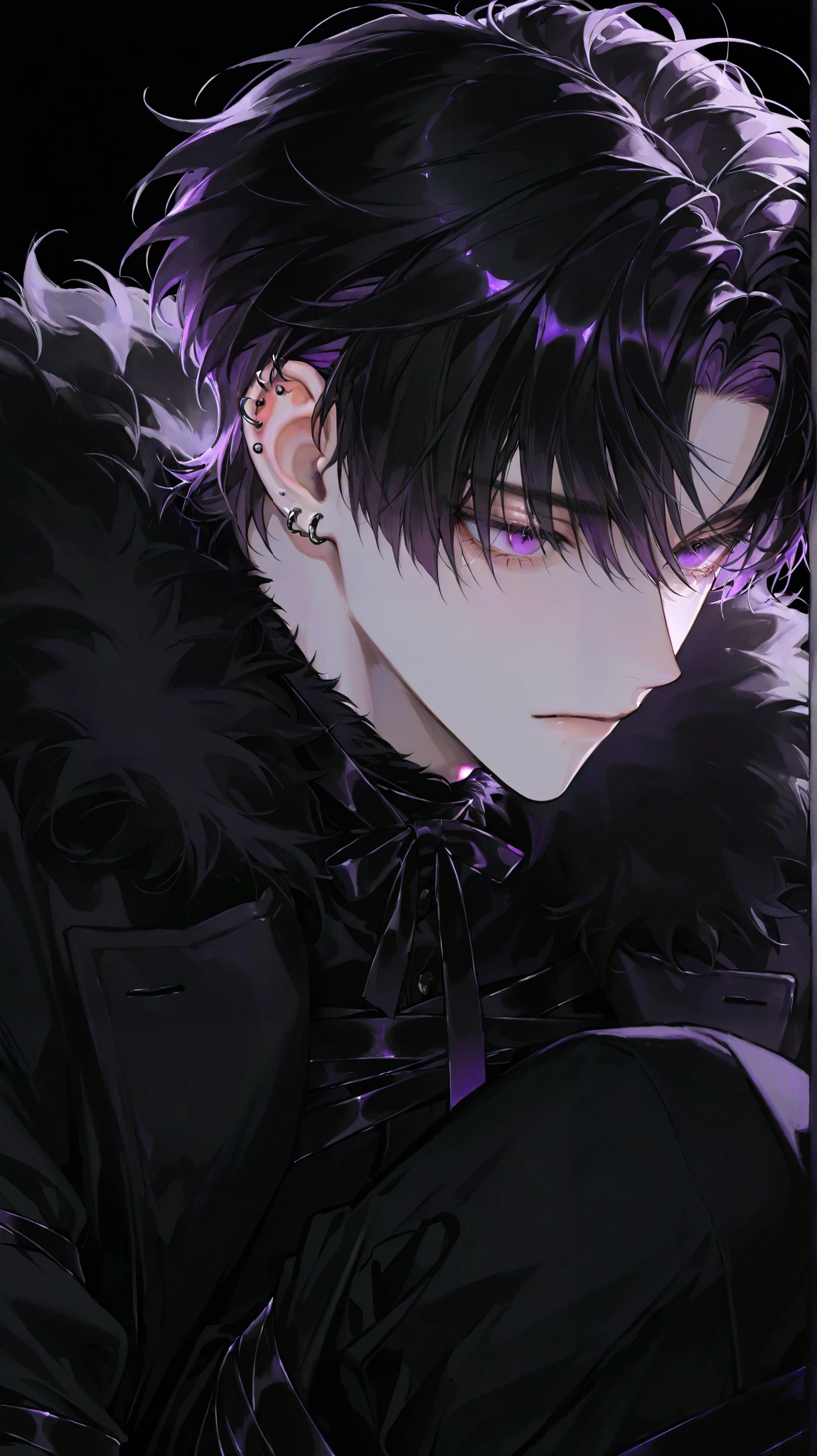 1 Boy , [handsome guy, pretty face , short hair, Fluffy hair,Bangs, Purple Eyes , [coat, black background,close up, Ear piercing,Tied up , black theme ,painting