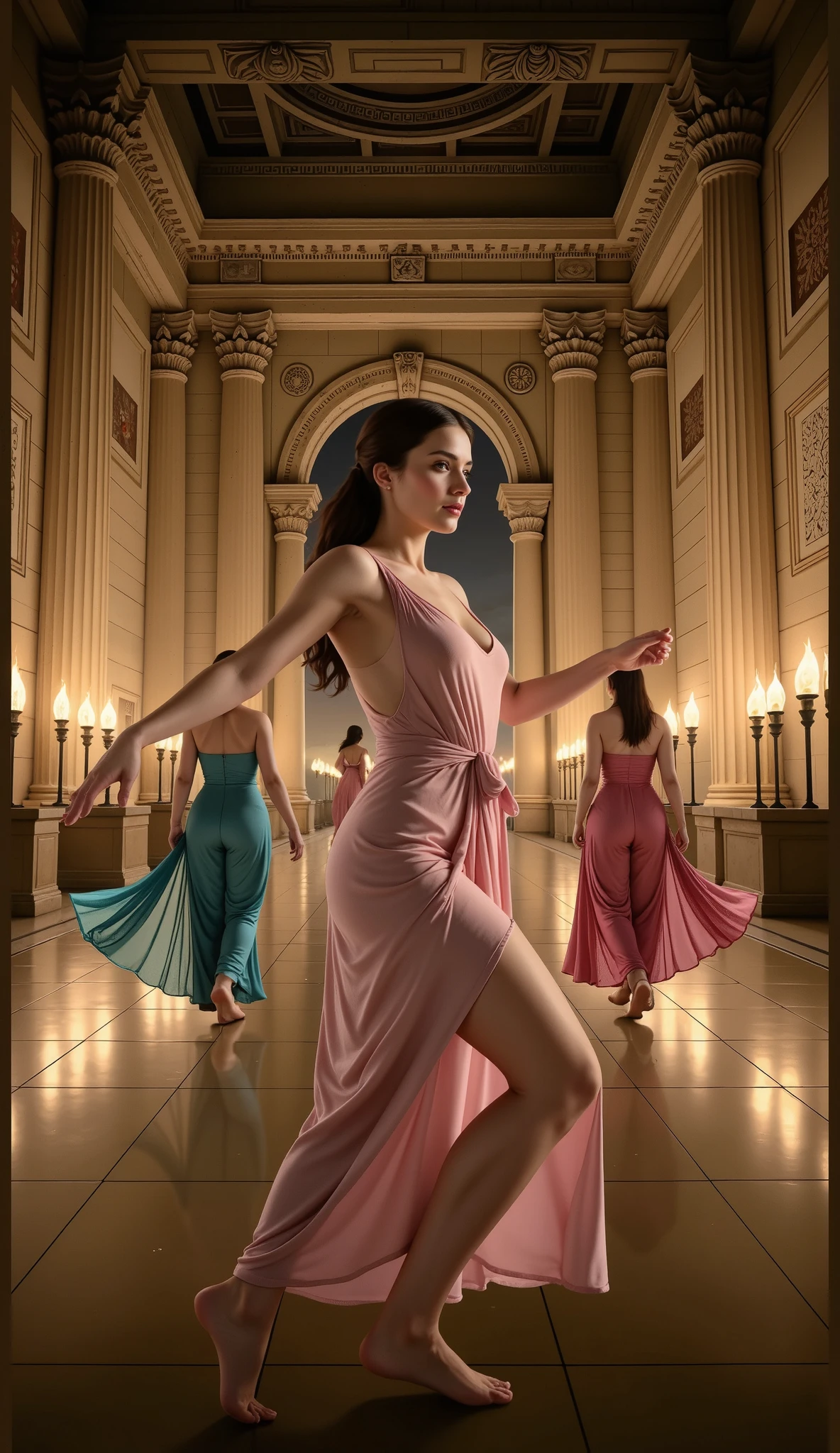 A nighttime scene in the hall of an ancient Greek palace, illuminated with torches. In the center, women are dancing. dancing like odalisca. The women wear light greek tunics.