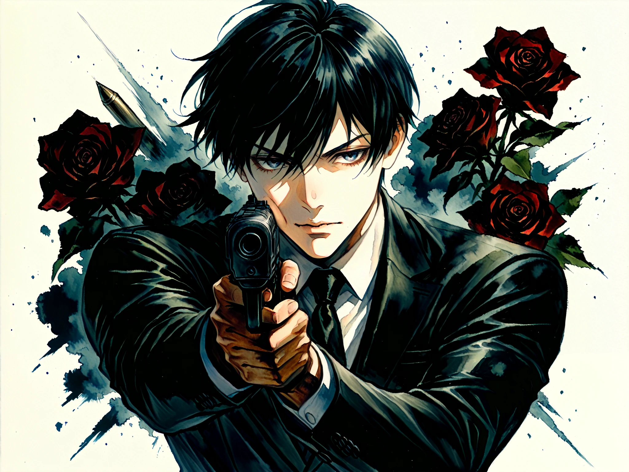 1boy ,weapon,alone,male focus,gun,traditional media,formal,suit,firing,necktie,handgun,marker (medium),black hair,holding gun,red rose,score_9,score_8_up ,(Bullet Time Dodge),(Western Gunman),aim and shoot at the counter,Age up ,(Bullets that grab the cheek)