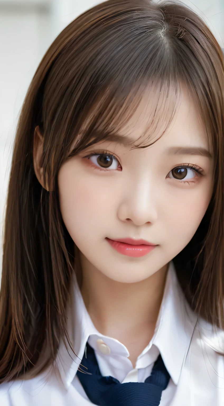 (beautiful girl、cute face、medium hair、staring at the viewer:1.3)、top quality,8K image、 perfect double eyelids、happy、natural color makeup、Moist lips、white skin、(straight hair, Strongly Blurred White Background 、high school uniform、school uniform、:1.3),classroom、Shapely breasts
